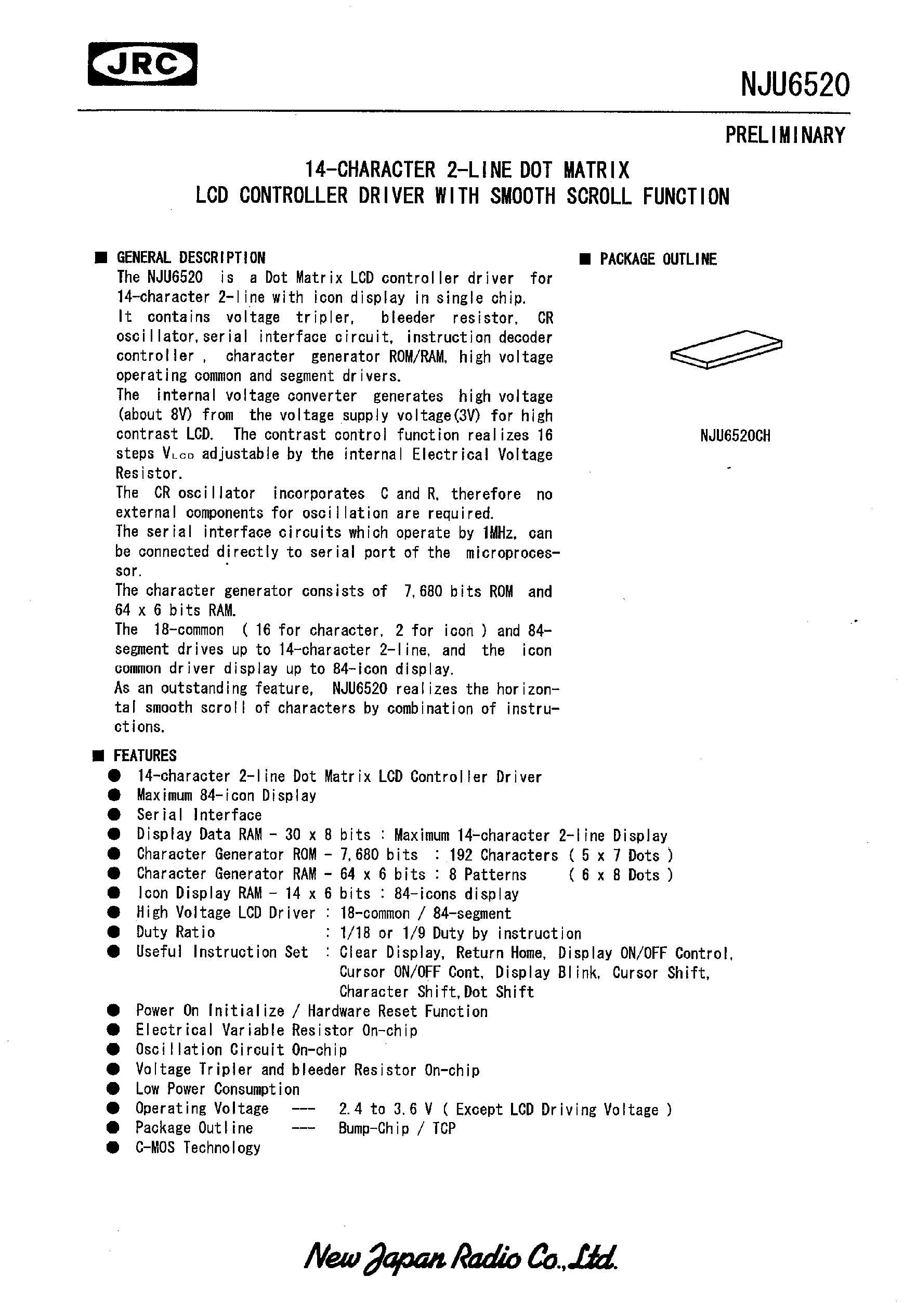 Даташит на микросхему NJU6520 страница 1 Даташит NJU6520 - 12-Character 4-Line Dot Matrix Low Power LCD Controller Driver with Smooth Scroll Function страница 1