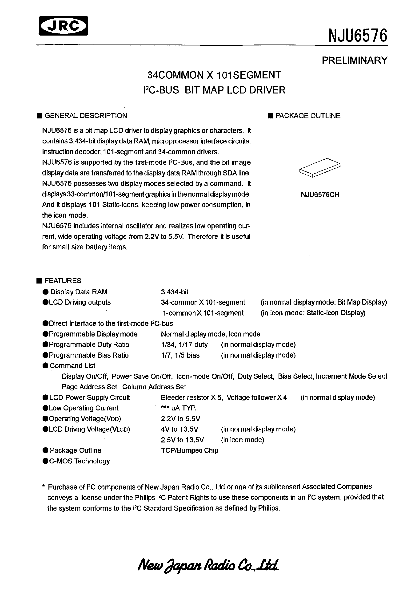 Datasheet NJU6576 - 34COMMON x 101SEGMENT I2C-BUS BIT MAP LCD DRIVER page 1