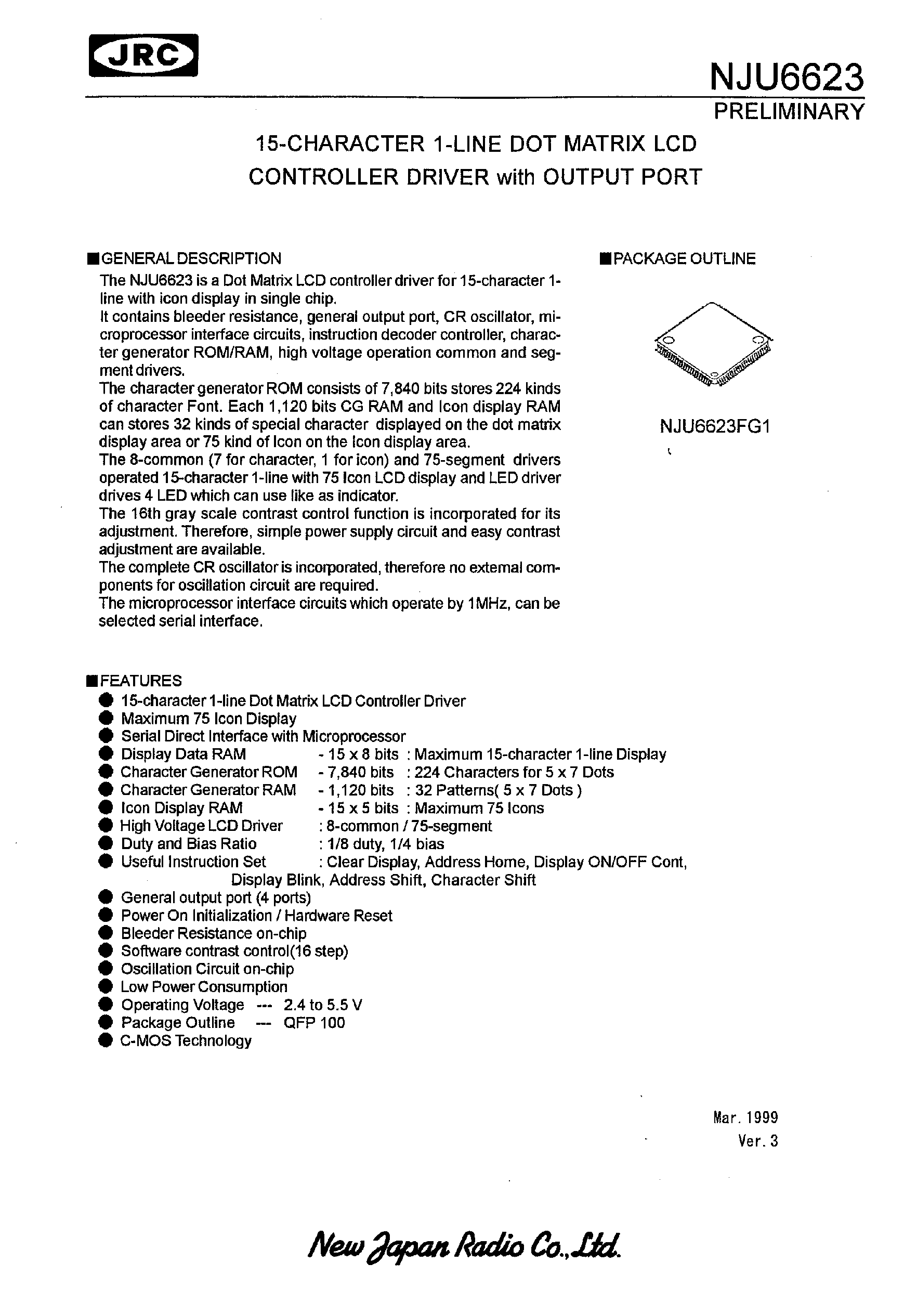 Datasheet NJU6623 - 15-CHARACTER 1-LINE DOT MATRIX LCD CONTROLLER DRIVER with OUTPUT PORT page 1