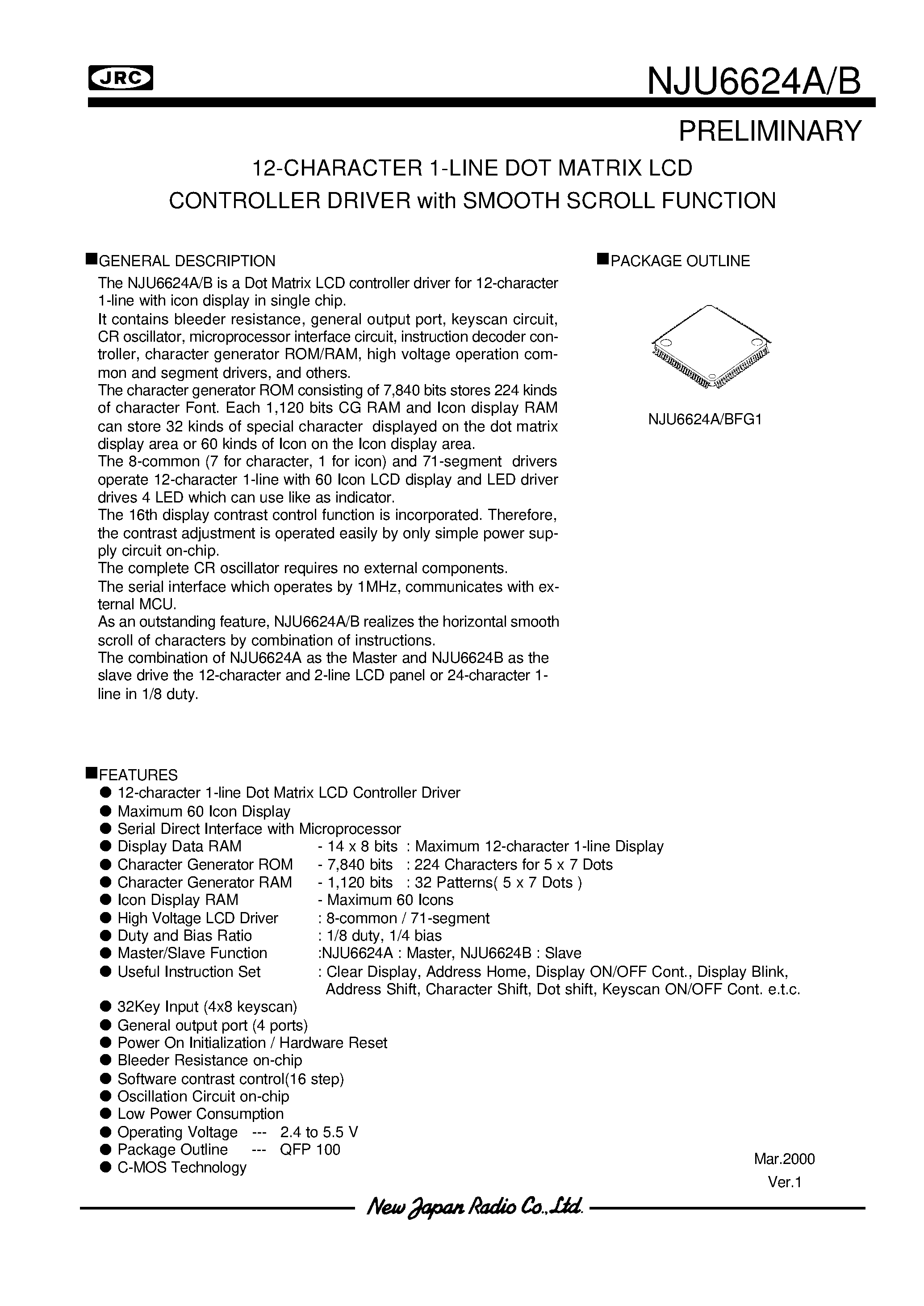 Datasheet NJU6624A - 12-CHARACTER 1-LINE DOT MATRIX LCD CONTROLLER DRIVER with SMOOTH SCROLL FUNCTION page 1