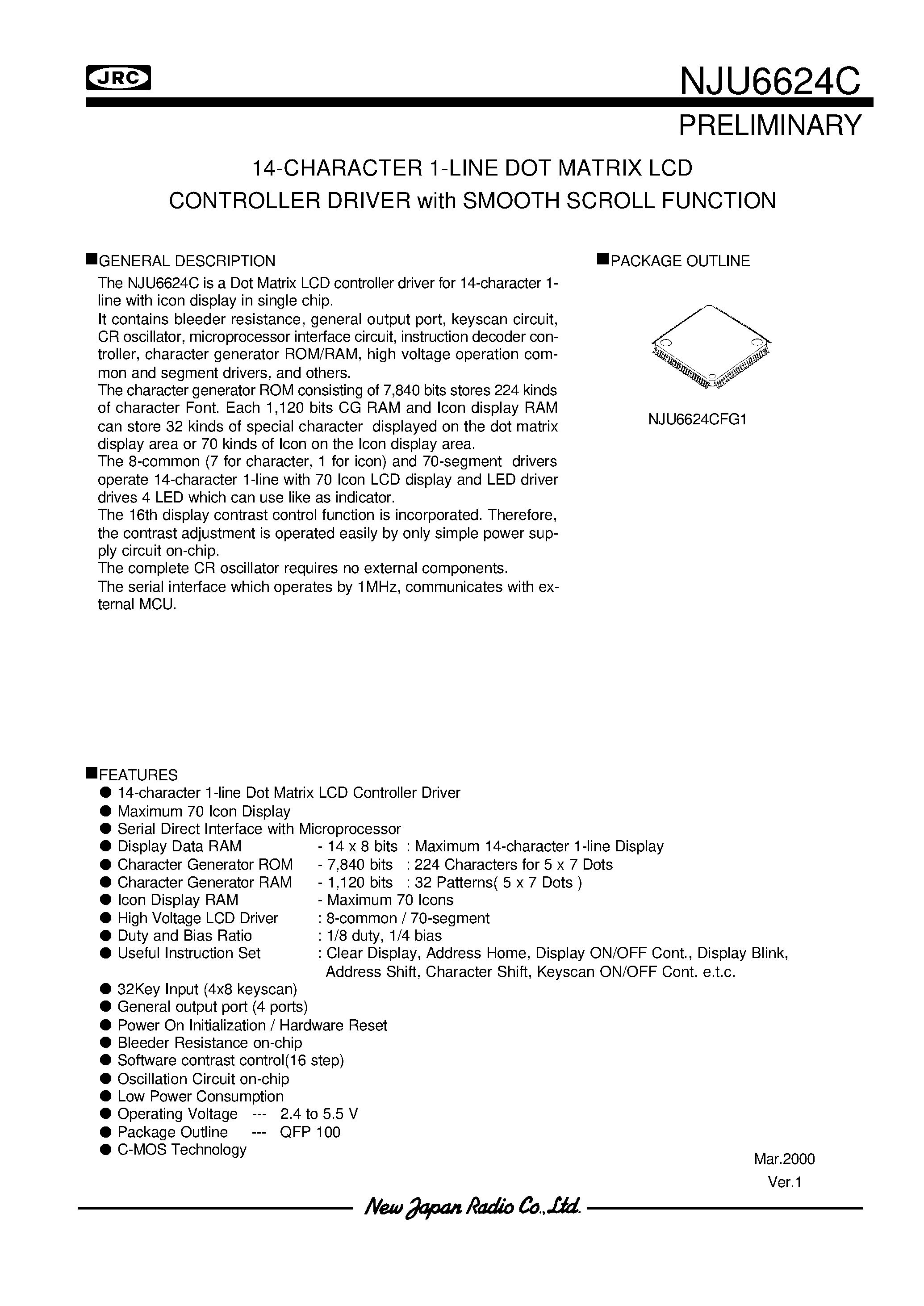 Datasheet NJU6624C - 14-CHARACTER 1-LINE DOT MATRIX LCD CONTROLLER DRIVER with SMOOTH SCROLL FUNCTION page 1