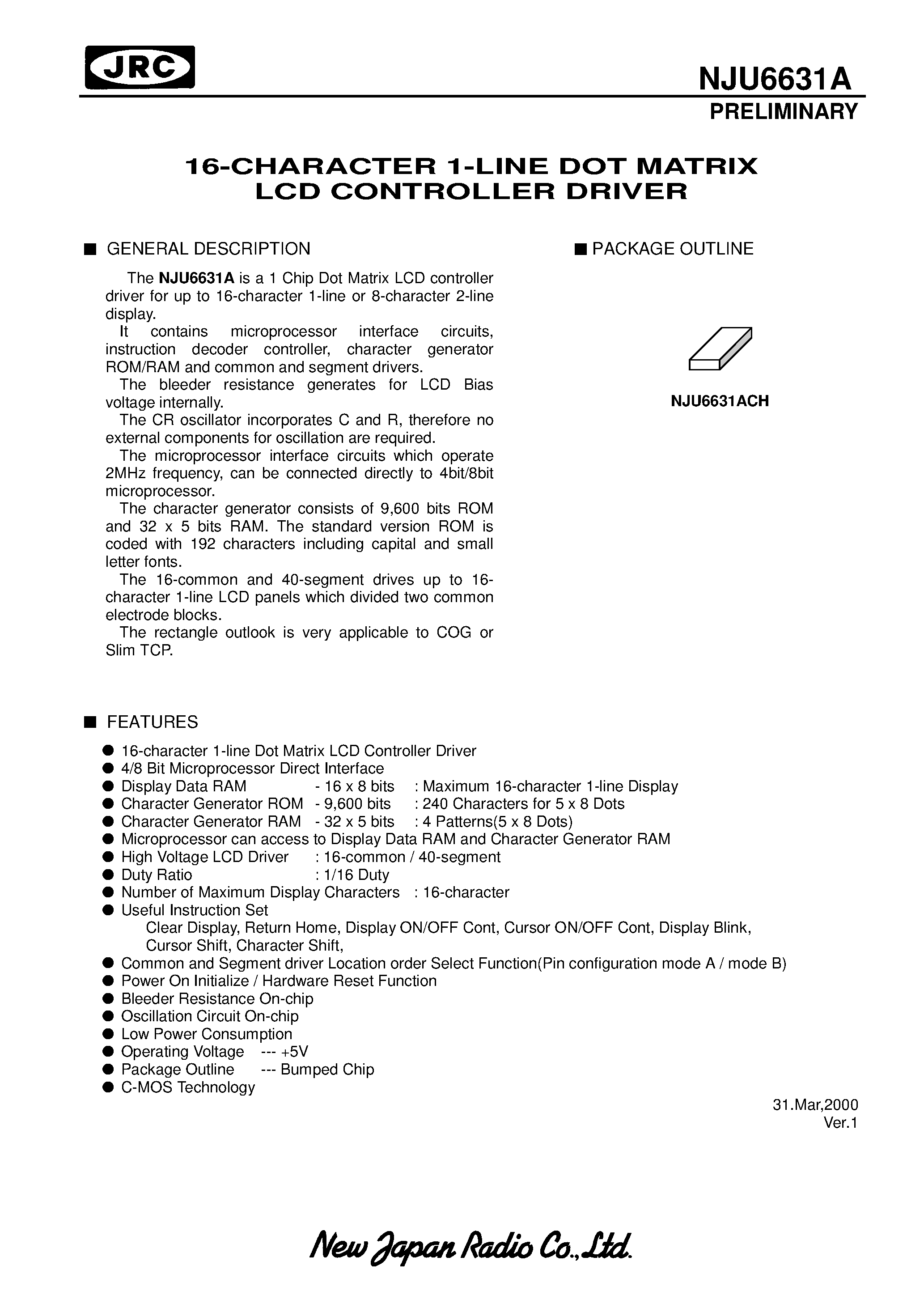 Datasheet NJU6631A - 16-CHARACTER 1-LINE DOT MATRIX LCD CONTROLLER DRIVER page 1