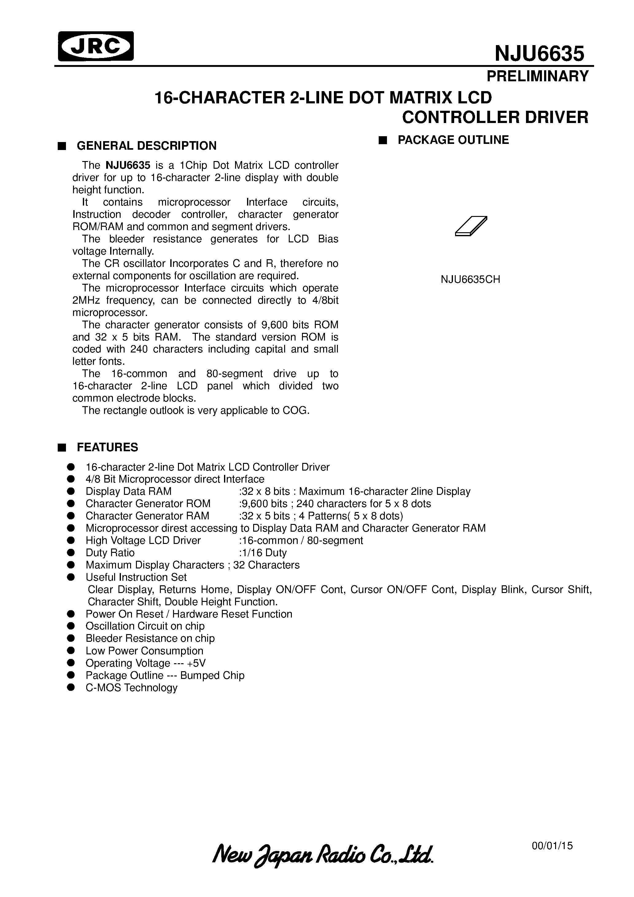 Datasheet NJU6635 - 16-CHARACTER 2-LINE DOT MATRIX LCD CONTROLLER DRIVER page 1