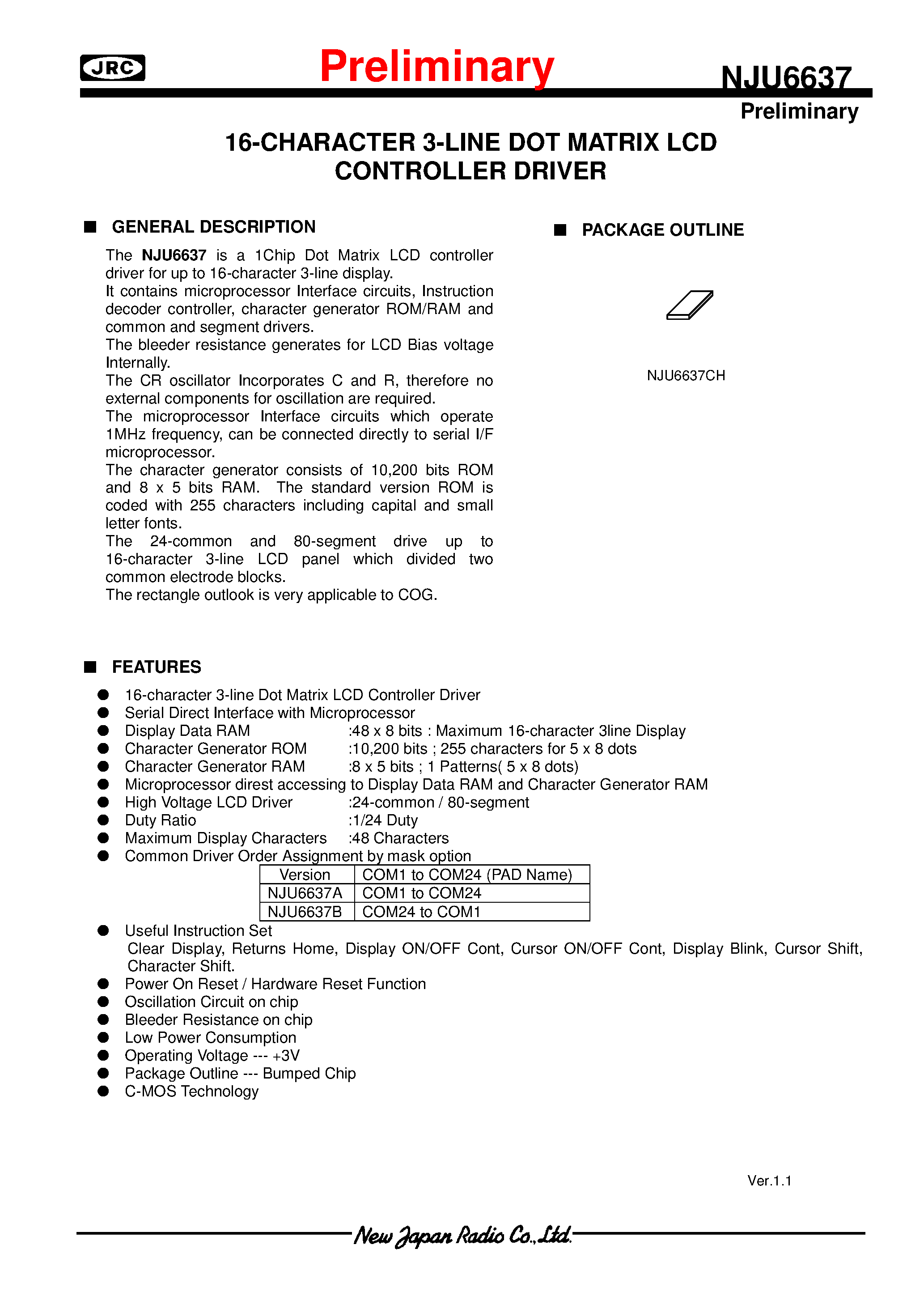 Datasheet NJU6637 page 1 Datasheet NJU6637 - 16-CHARACTER 3-LINE DOT MATRIX LCD CONTROLLER DRIVER page 1