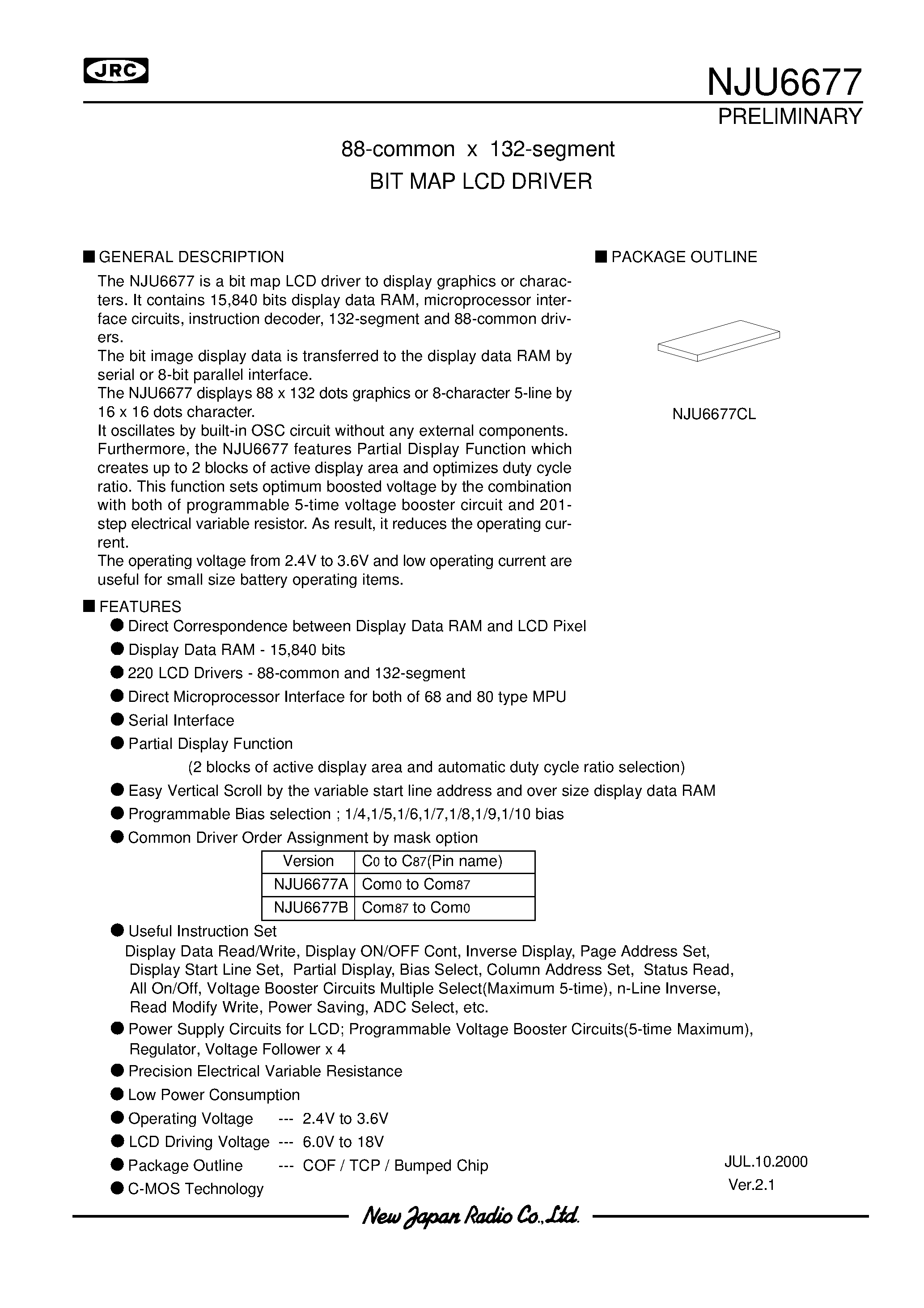 Datasheet NJU6678 - 104-common x 132-segment BIT MAP LCD DRIVER page 1
