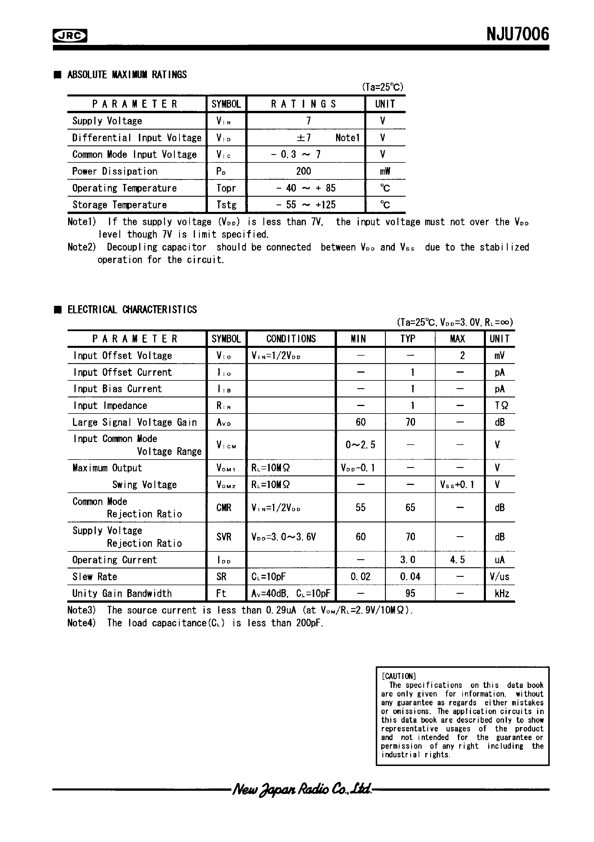 Datasheet NJU7011 page 2 Datasheet NJU7011 - LOW-POWER TINY SINGLE C-MOS OPERATIONAL AMPLIFIER page 2