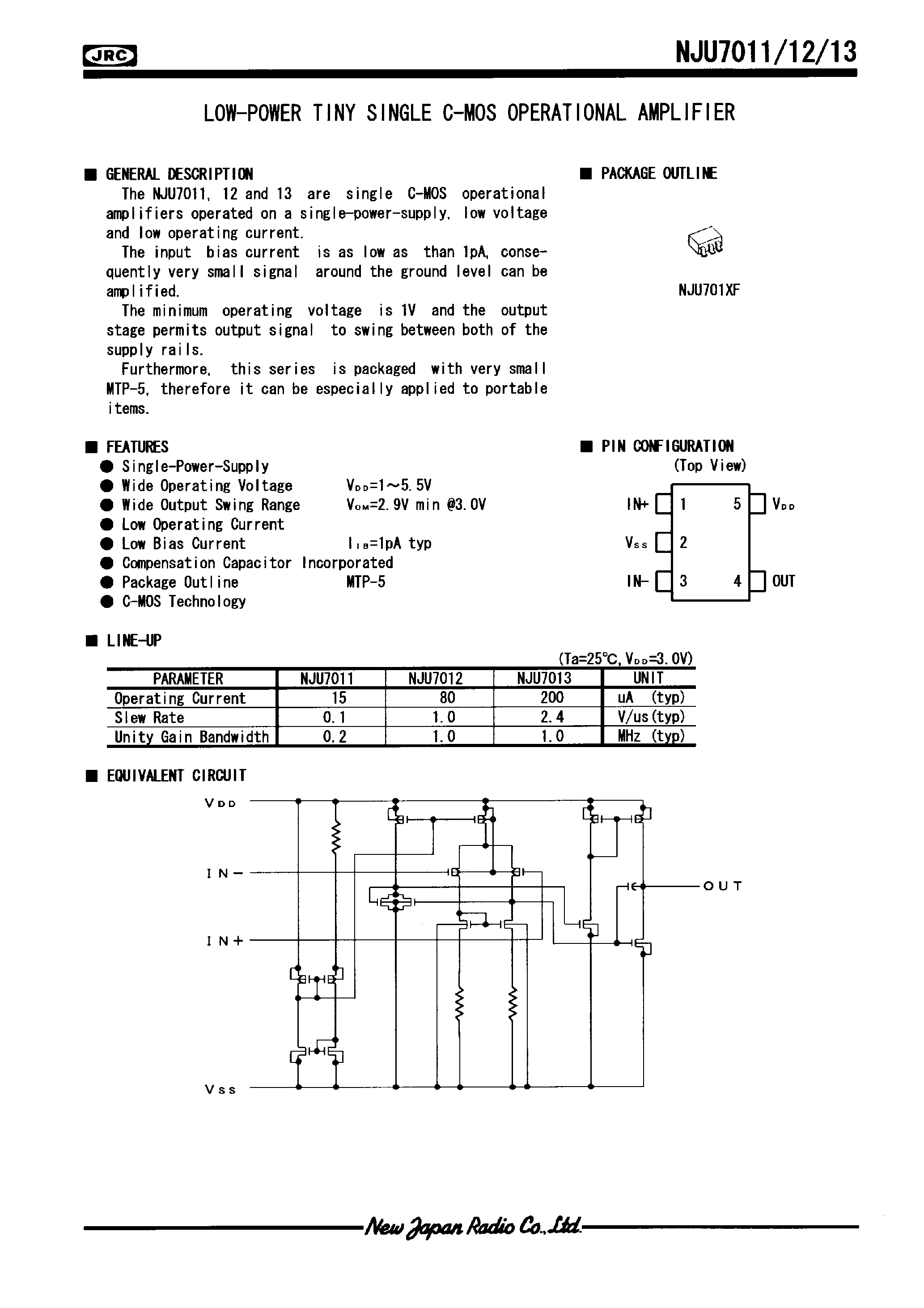Datasheet NJU701XM page 1 Datasheet NJU701XM - LOW-POWER DUAL C-MOS OPERATIONAL AMPLIFIER page 1