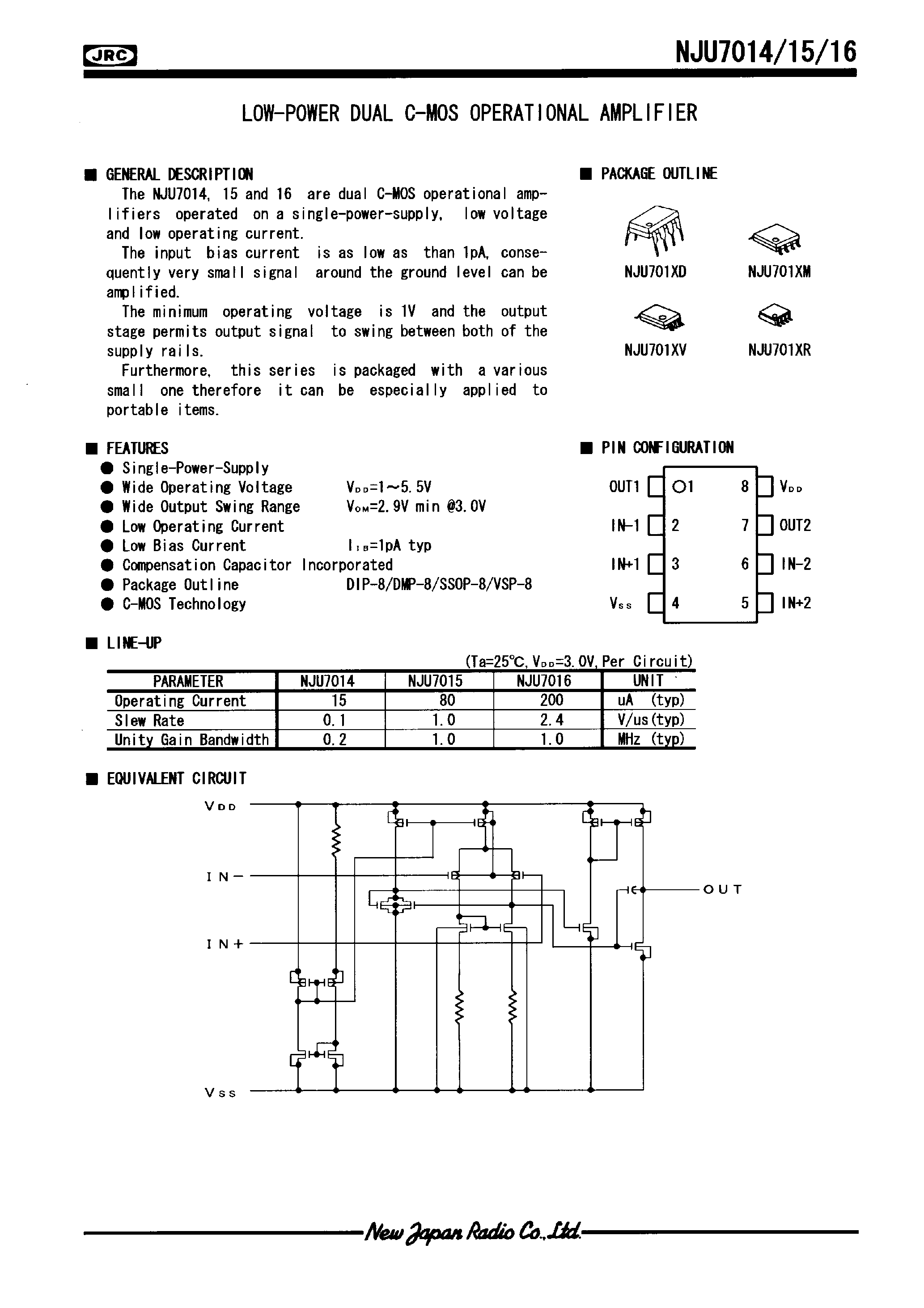Даташит NJU7021 - LOW VOLTAGE C-MOS OPERATIONAL AMPLIFIER страница 1