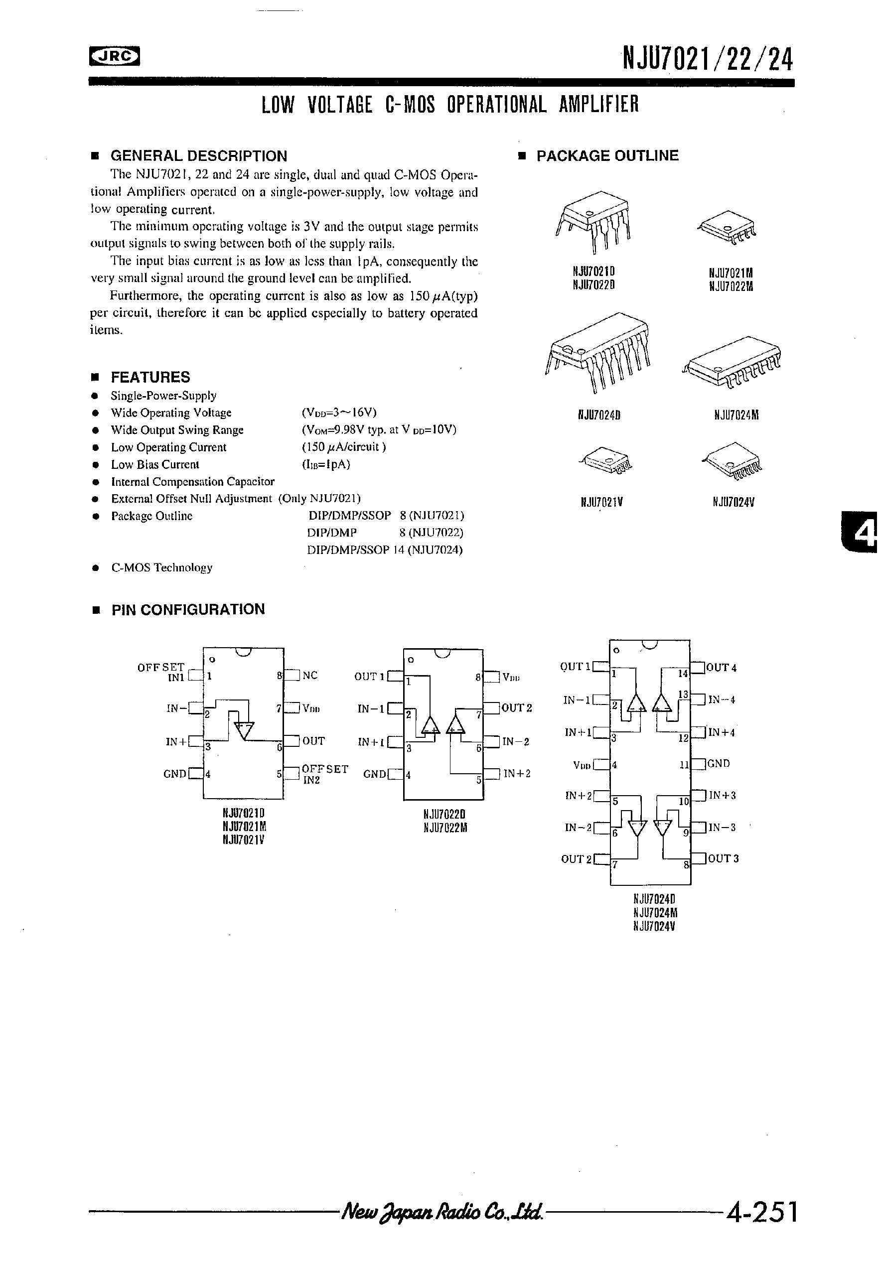 Даташит NJU7024 - LOW VOLTAGE C-MOS OPERATIONAL AMPLIFIER страница 1