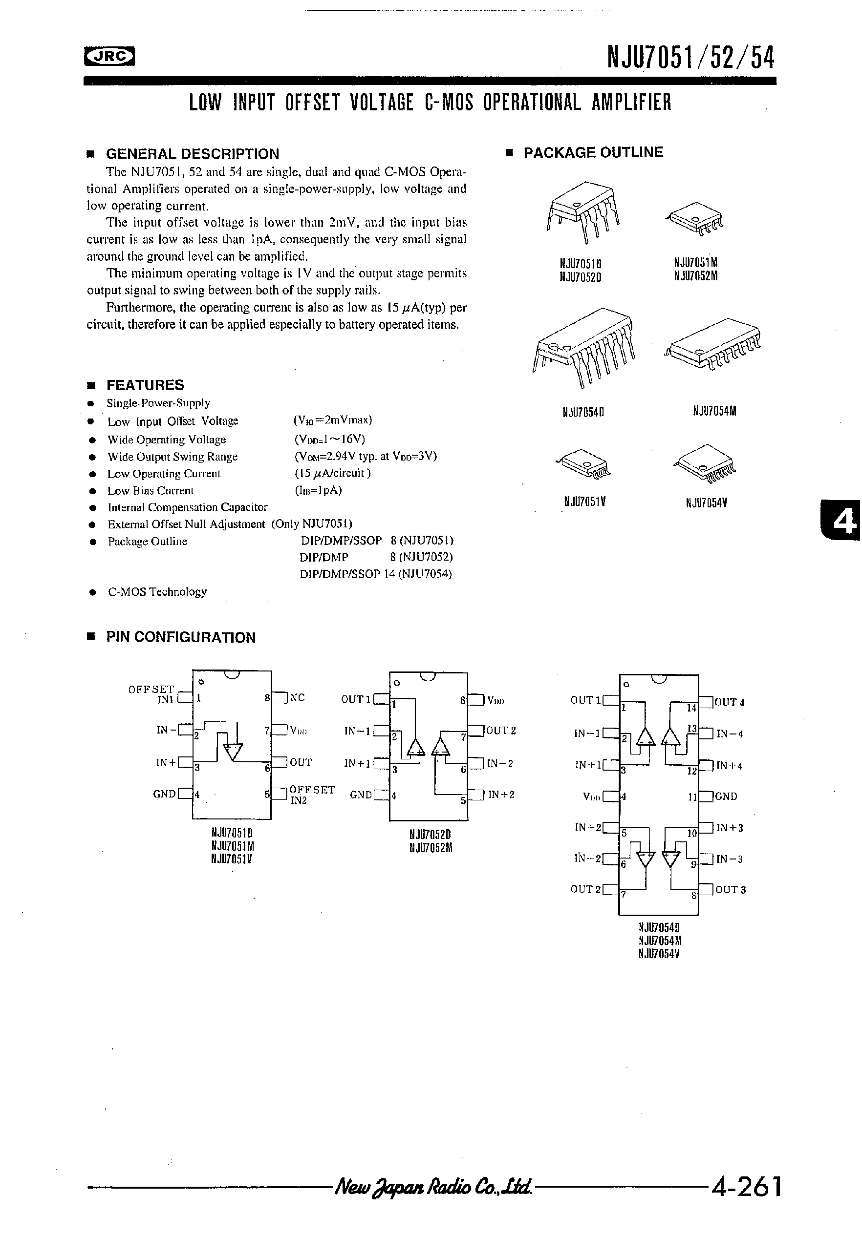 Даташит NJU7052 - LOW INPUT OFFSET VOLTAGE C-MOS OPERATIONAL AMPLIFIER страница 1