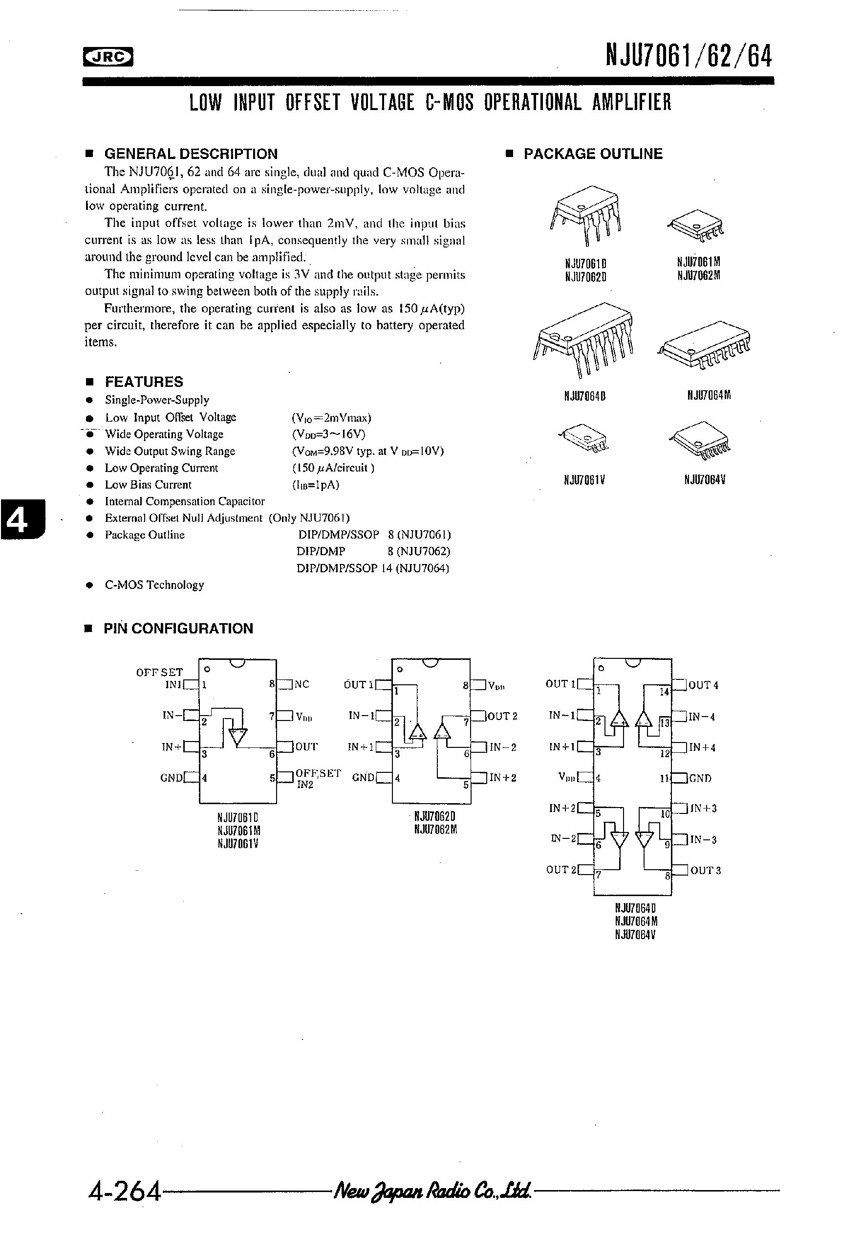 Datasheet NJU7064 page 1 Datasheet NJU7064 - LOW INPUT OFFSET VOLTAGE C-MOS OPERATIONAL AMPLIFIER page 1