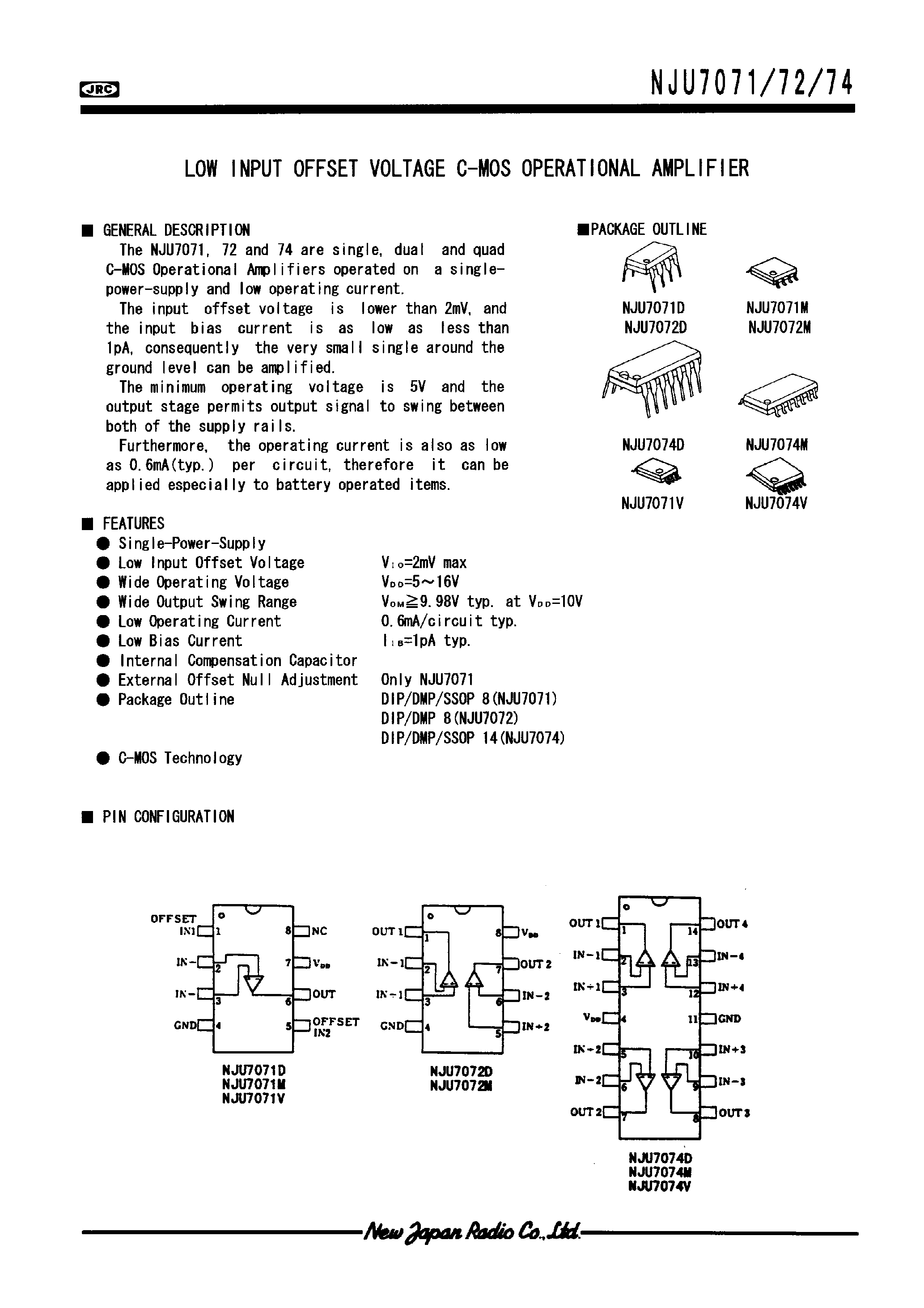 Даташит NJU7074 - LOW INPUT OFFSET VOLTAGE C-MOS OPERATIONAL AMPLIFIER страница 1