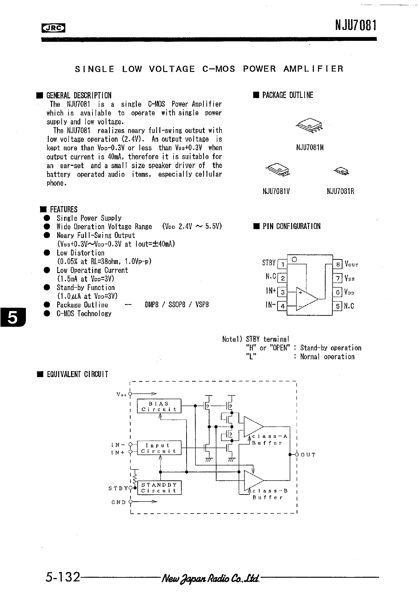 Даташит NJU7081 - SINGLE LOW VOLTAGE C-MOS POWER AMPLIFIER страница 1