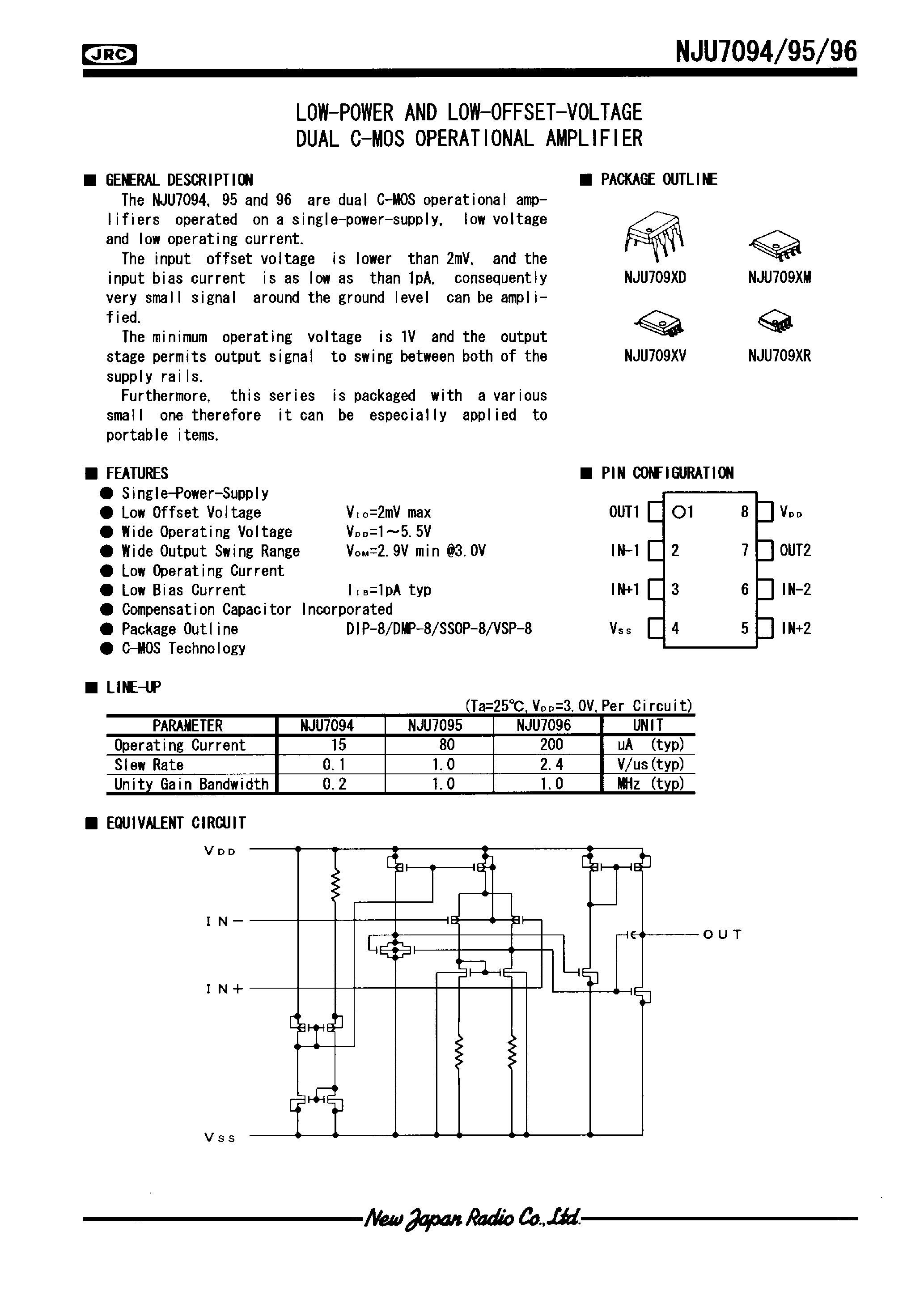 Datasheet NJU709XV page 1 Datasheet NJU709XV - LOW-POWER AND LOW-OFFSET-VOLTAGE DUAL C-MOS OPERATIONAL AMPLIFIER page 1