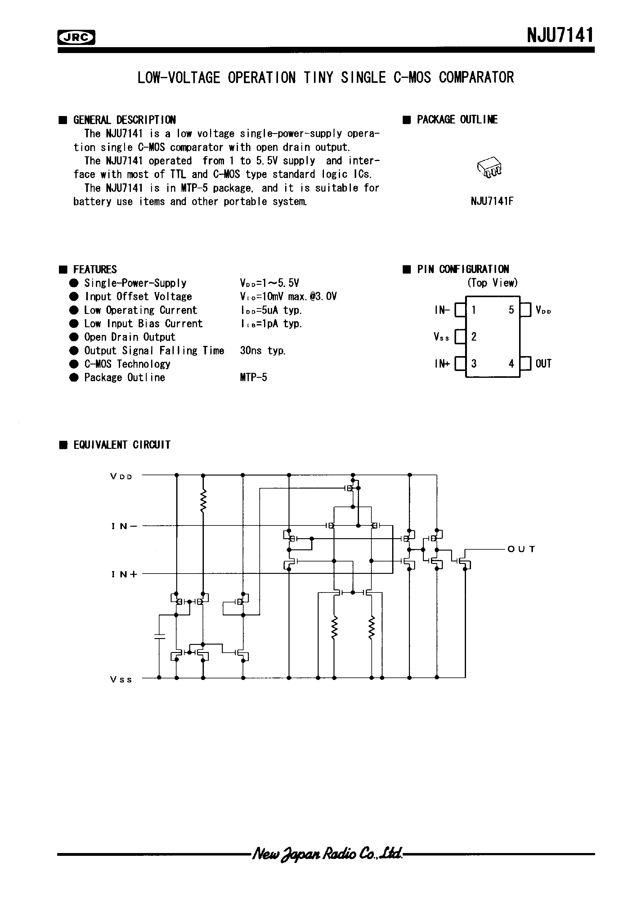 Datasheet NJU7141 page 1 Datasheet NJU7141 - LOW-VOLTAGE OPERATION TINY SINGLE C-MOS COMPARATOR page 1