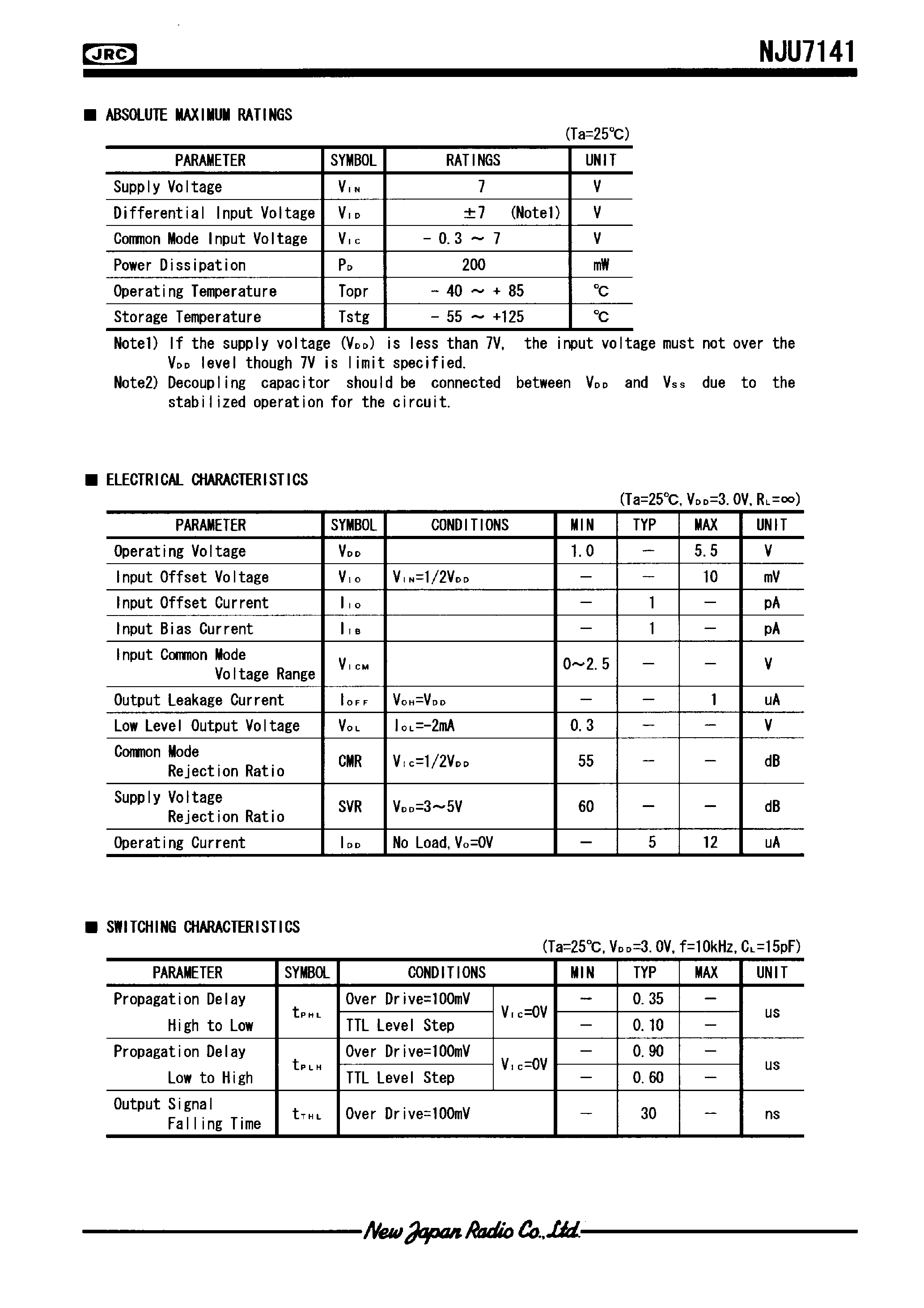 Datasheet NJU7141 page 2 Datasheet NJU7141 - LOW-VOLTAGE OPERATION TINY SINGLE C-MOS COMPARATOR page 2