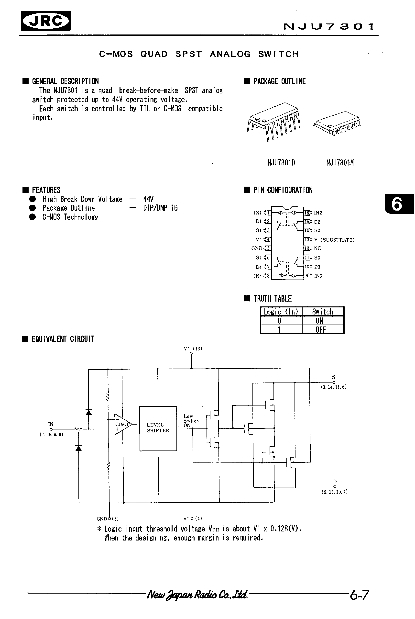 Datasheet NJU7301 - C-MOS QUAD SPST ANALOG SWITCH page 1
