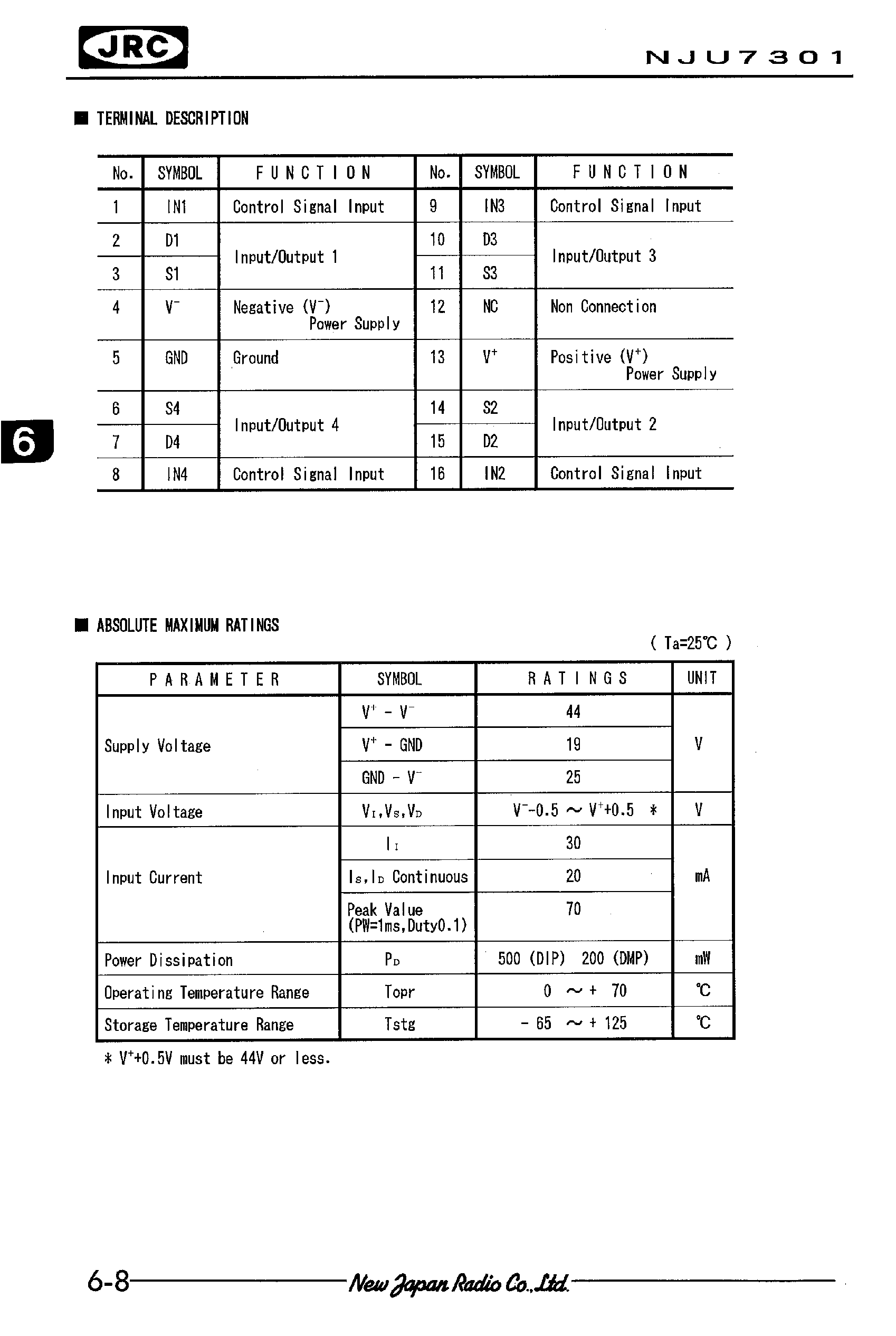 Datasheet NJU7301 - C-MOS QUAD SPST ANALOG SWITCH page 2