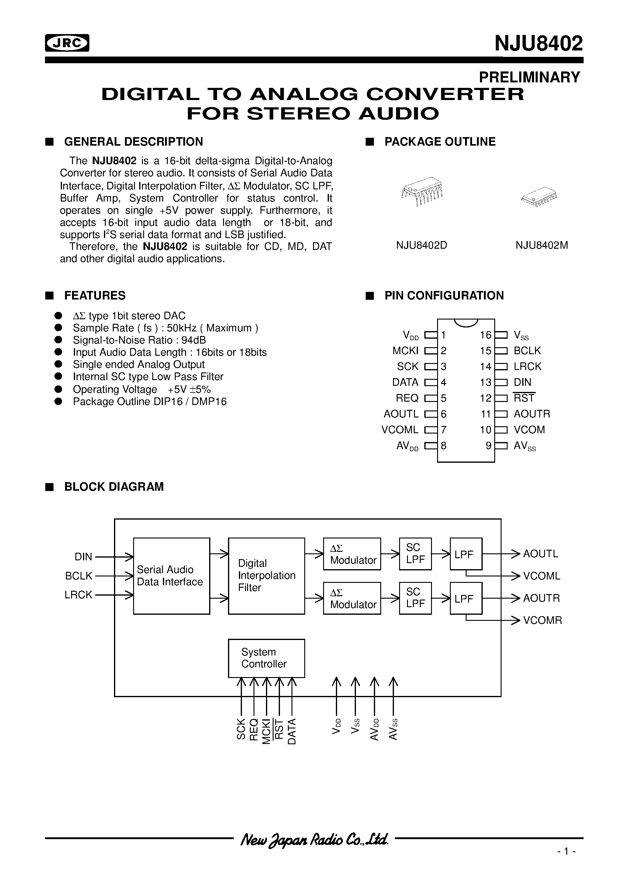 Даташит NJU8402 - DIGITAL TO ANALOG CONVERTER FOR STEREO AUDIO страница 1