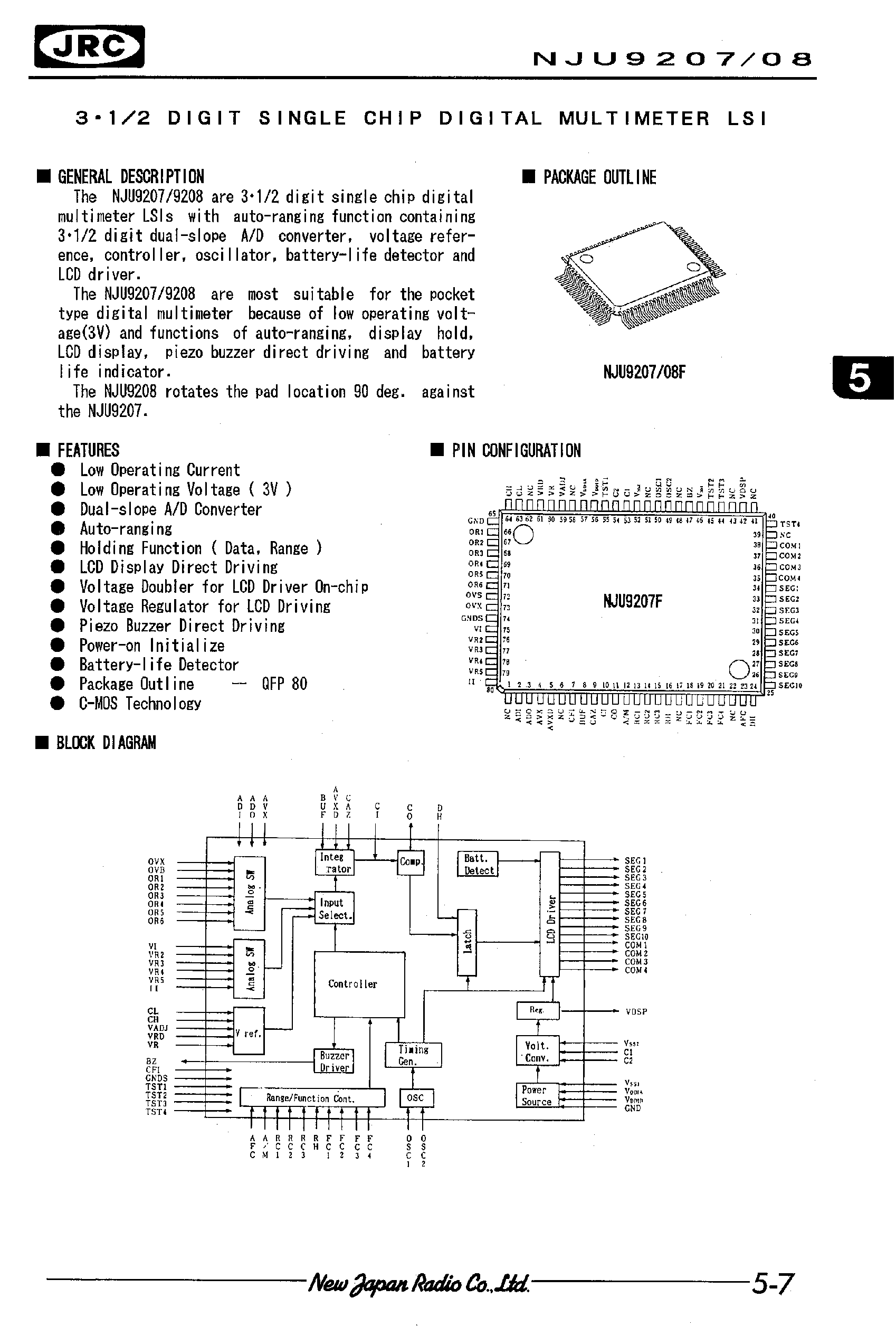 Datasheet NJU9208 - 3.1/2 DIGIT SINGLE CHIP DIGITAL MULTIMETER LSI page 1