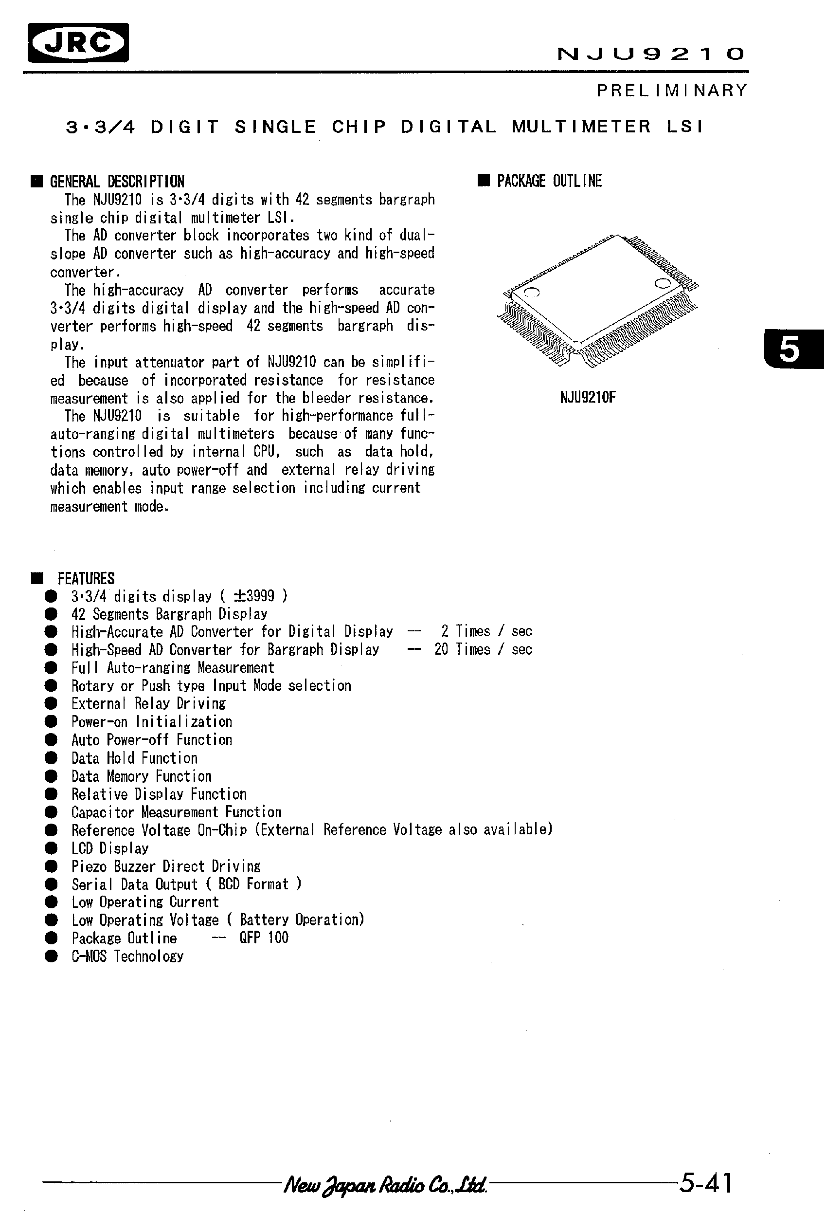 Даташит NJU9210 - 3.3/4 DIGIT SINGLE CHIP DIGITAL MULTIMETER LSI страница 1