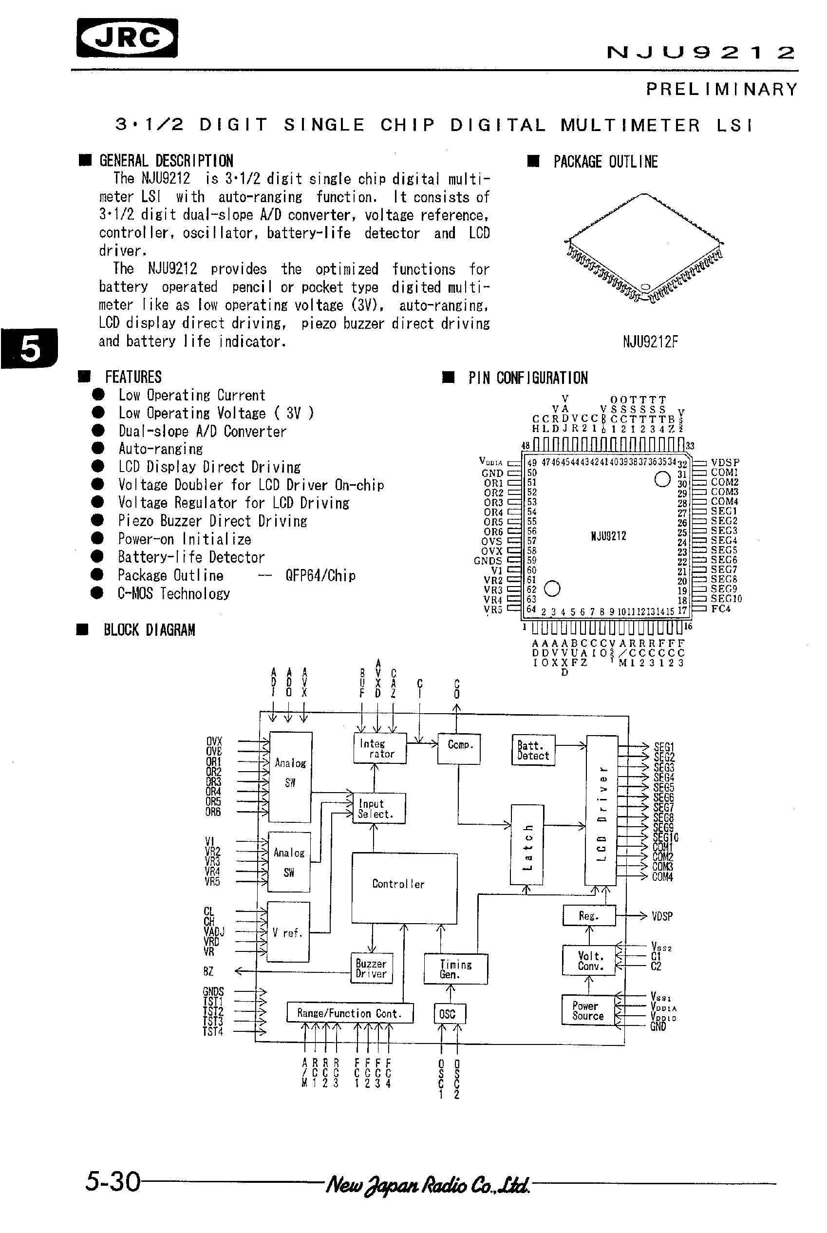 Datasheet NJU9212 - 3.1/2 DIGIT SINGLE CHIP DIGITAL MULTIMETER LSI page 1
