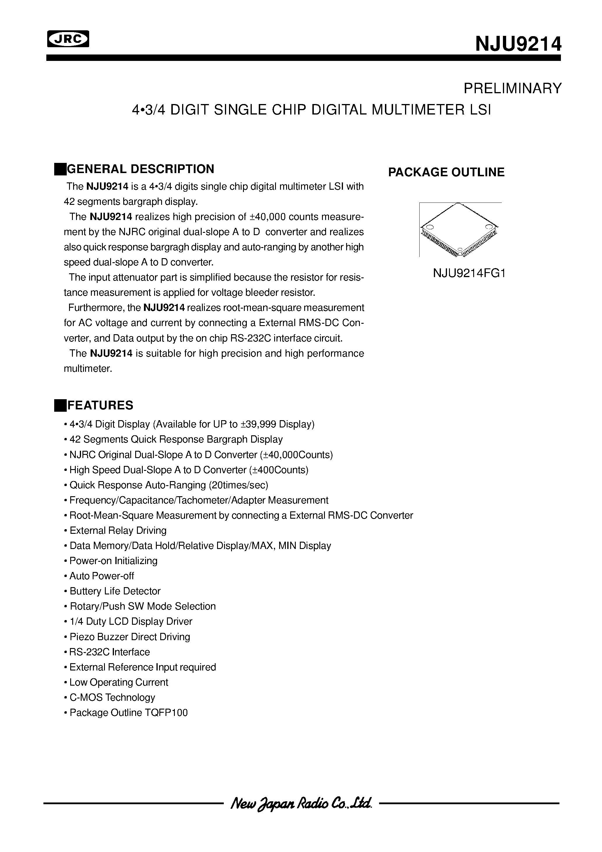 Datasheet NJU9214 - 4.3/4 DIGIT SINGLE CHIP DIGITAL MULTIMETER LSI page 1
