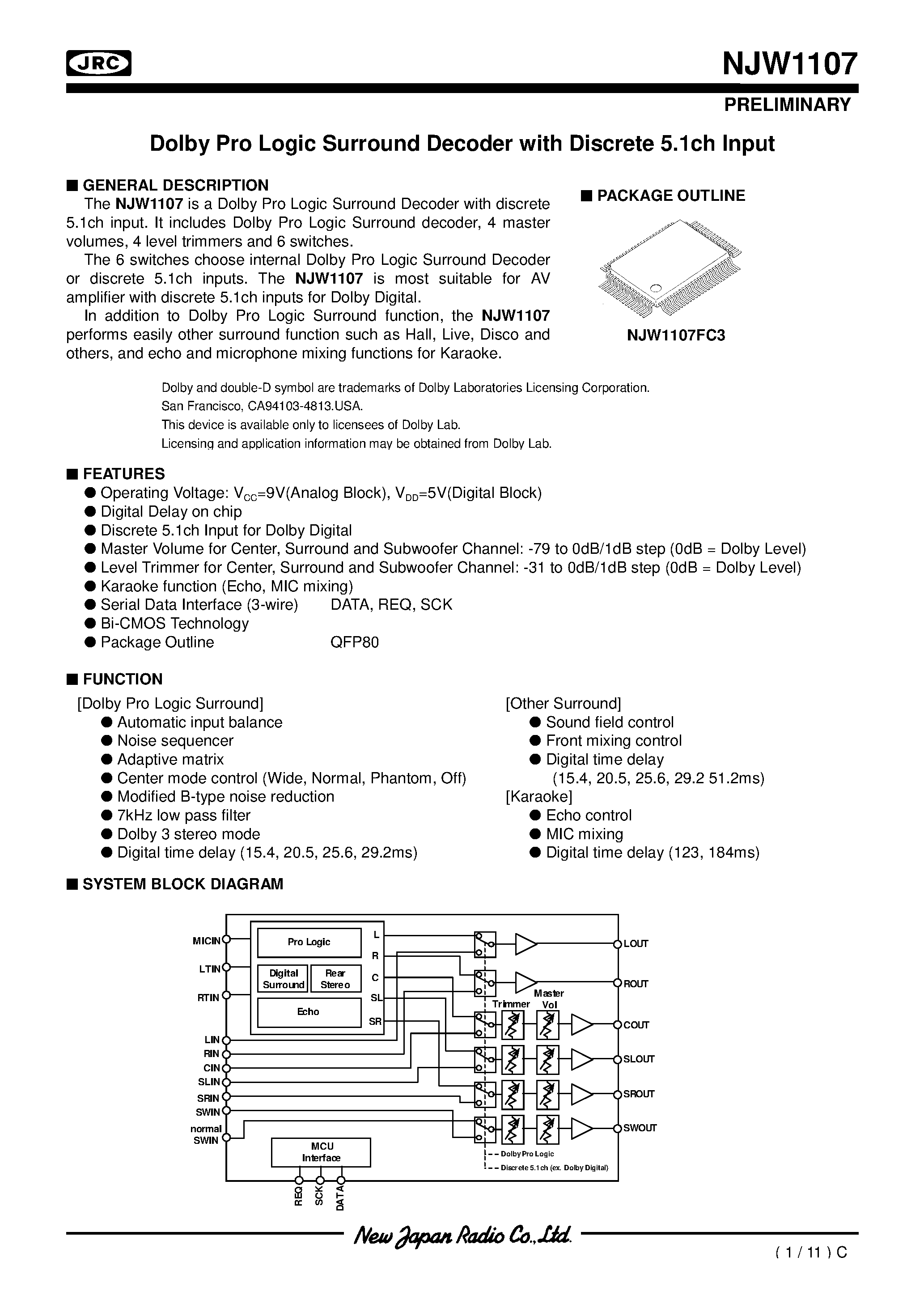 Datasheet NJW1107 - Dolby Pro Logic Surround Decoder with Discrete 5.1ch Input page 1