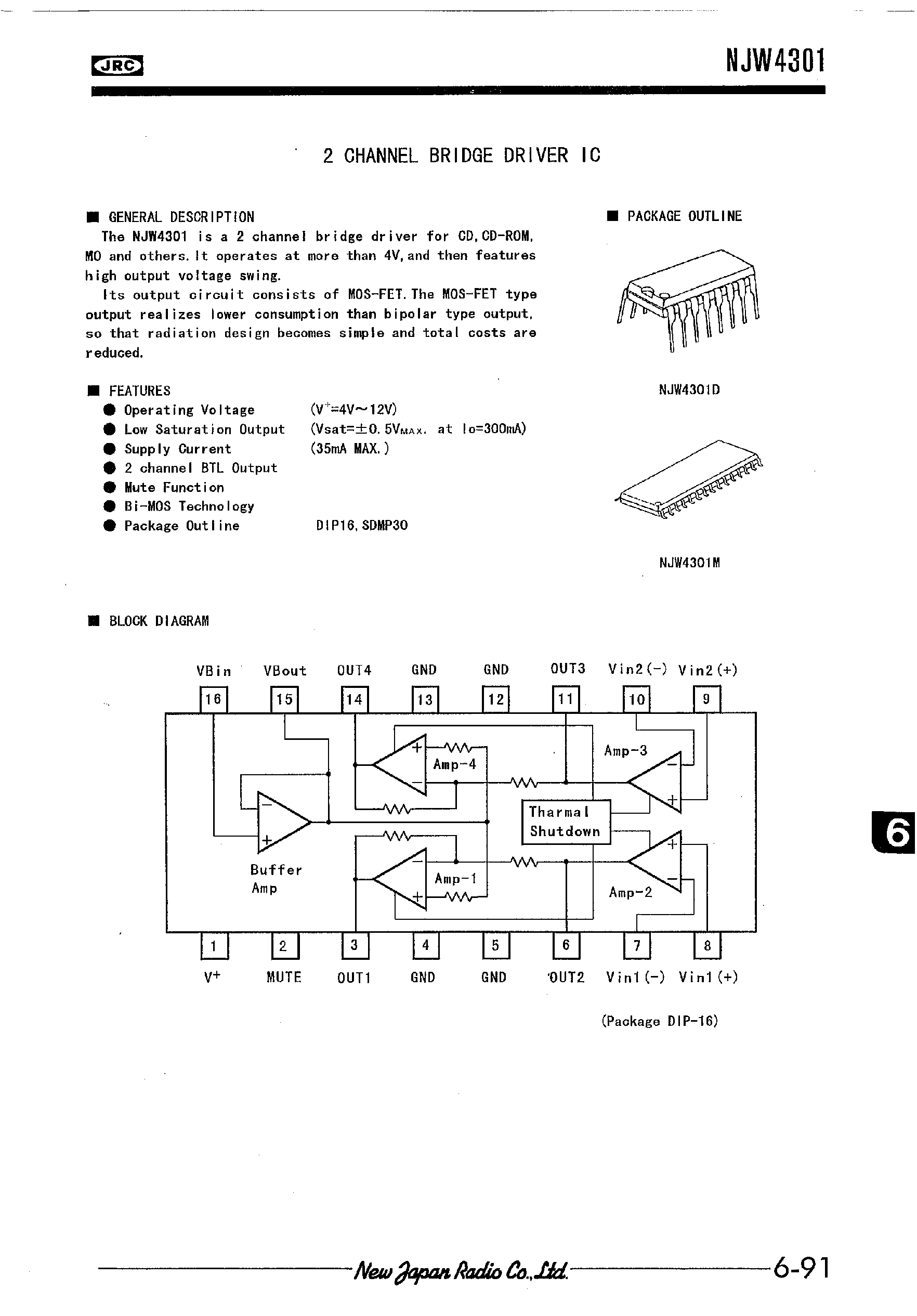 Datasheet NJW4301 - 2 CHANNEL BRIDGE DRIVER IC page 1