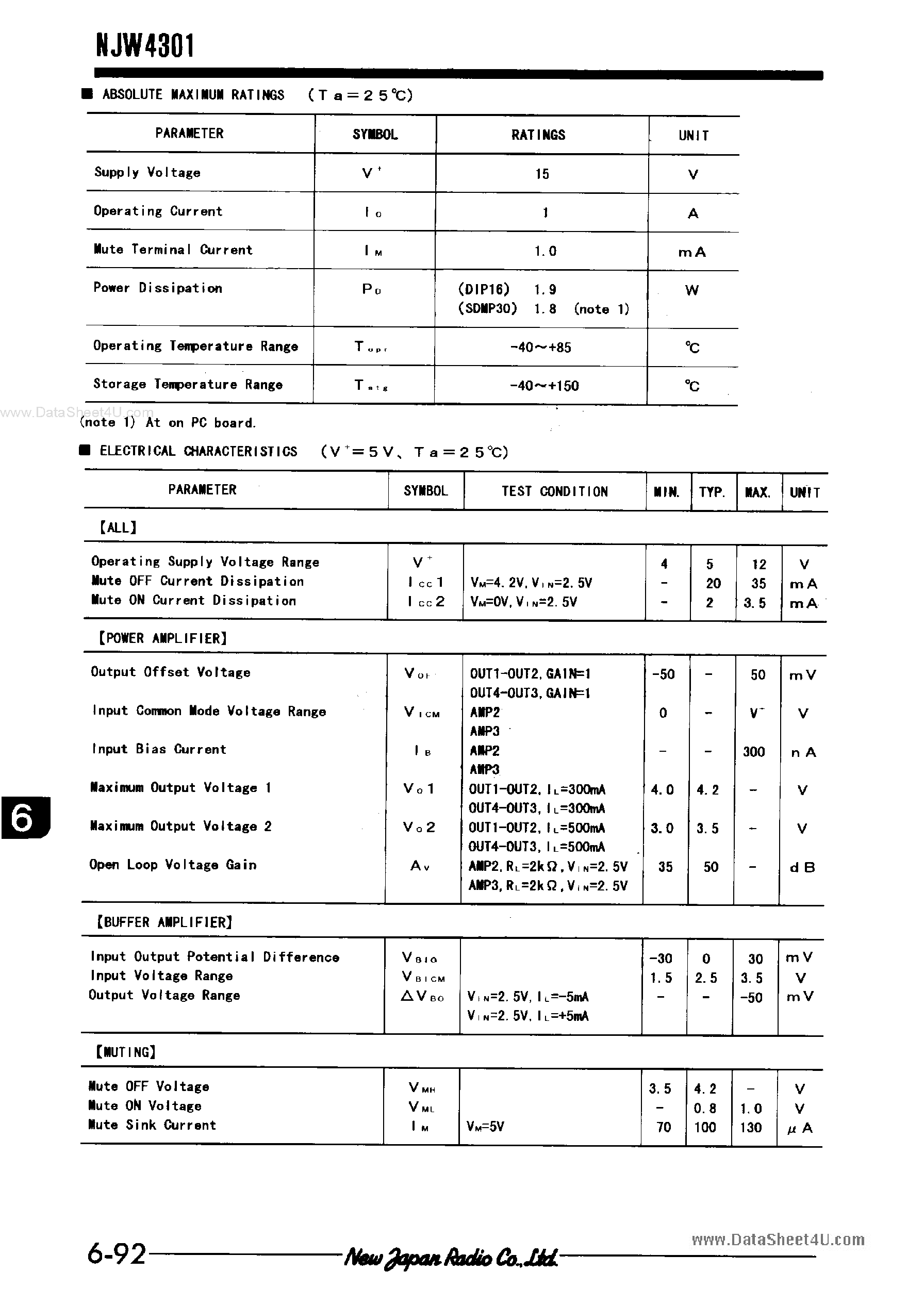 Datasheet NJW4301 - 2 CHANNEL BRIDGE DRIVER IC page 2