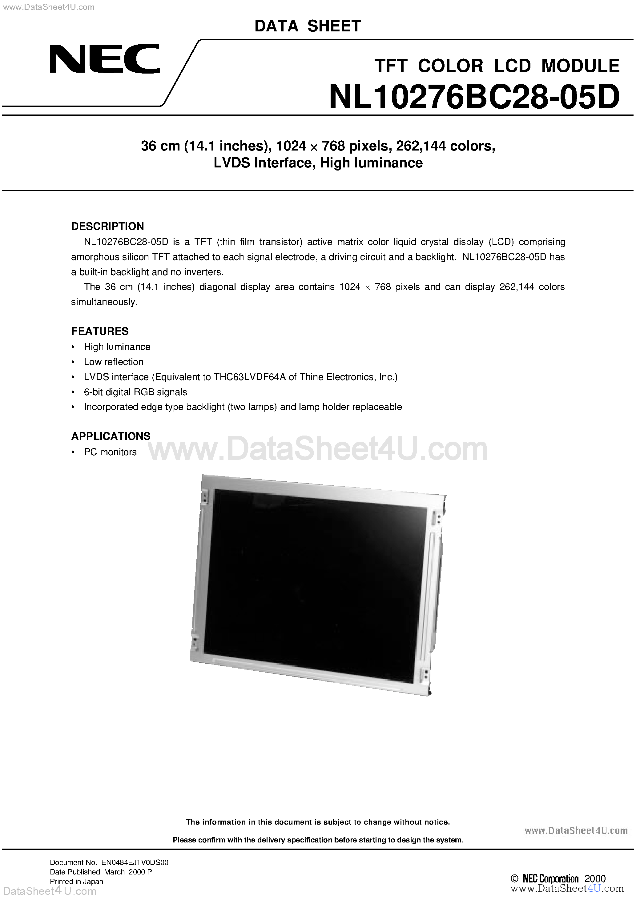 Datasheet NL10276BC28-05D - 36 cm 14.1 inches / 1024 x 768 pixels / 262 /144 colors / LVDS Interface / High luminance page 1