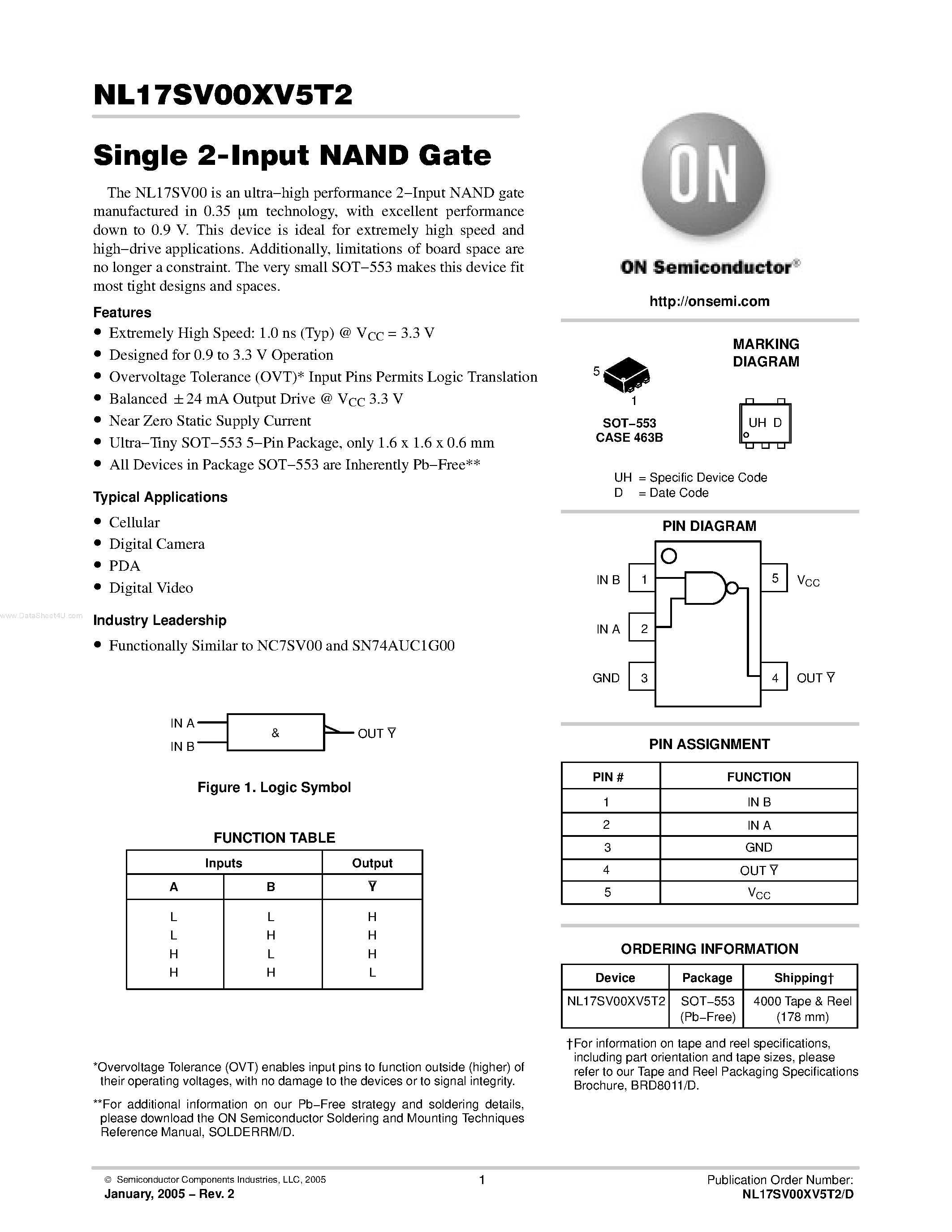 Datasheet NL17SV00XV5T2 - Single 2-Input NAND Gate page 1
