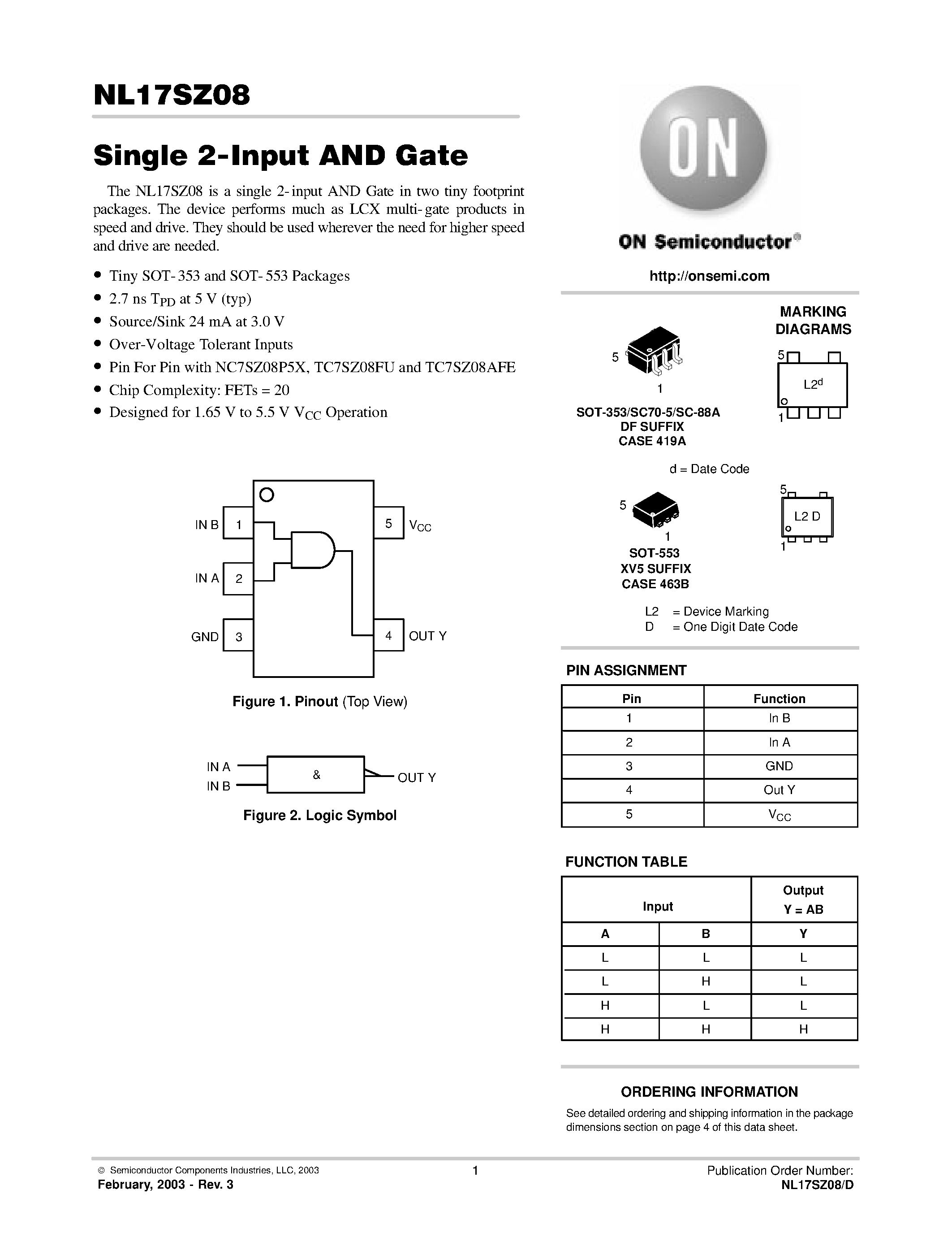 Datasheet NL17SZ08 - Single 2-Input AND Gate page 1