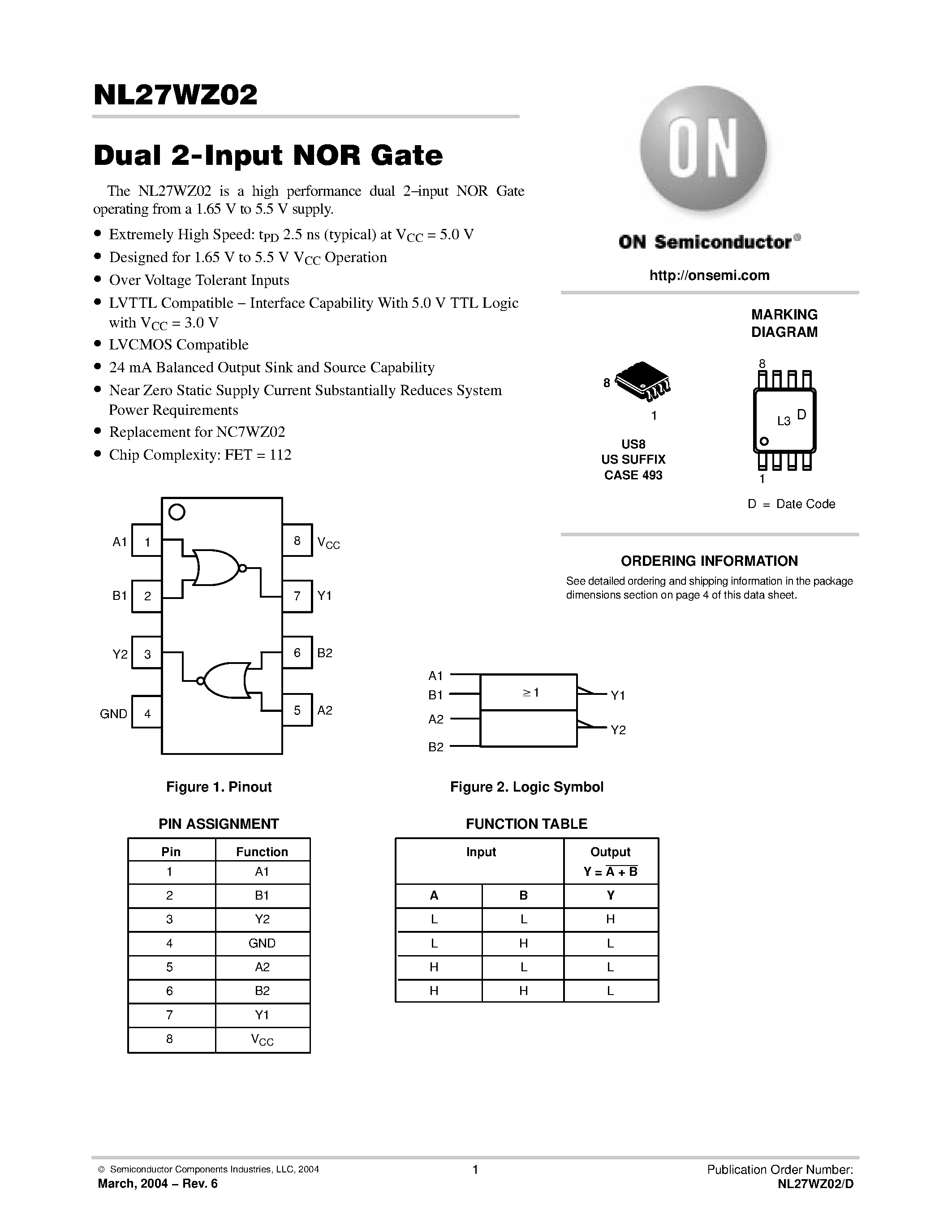 Datasheet NL27WZ02 - Dual 2-Input NOR Gate page 1
