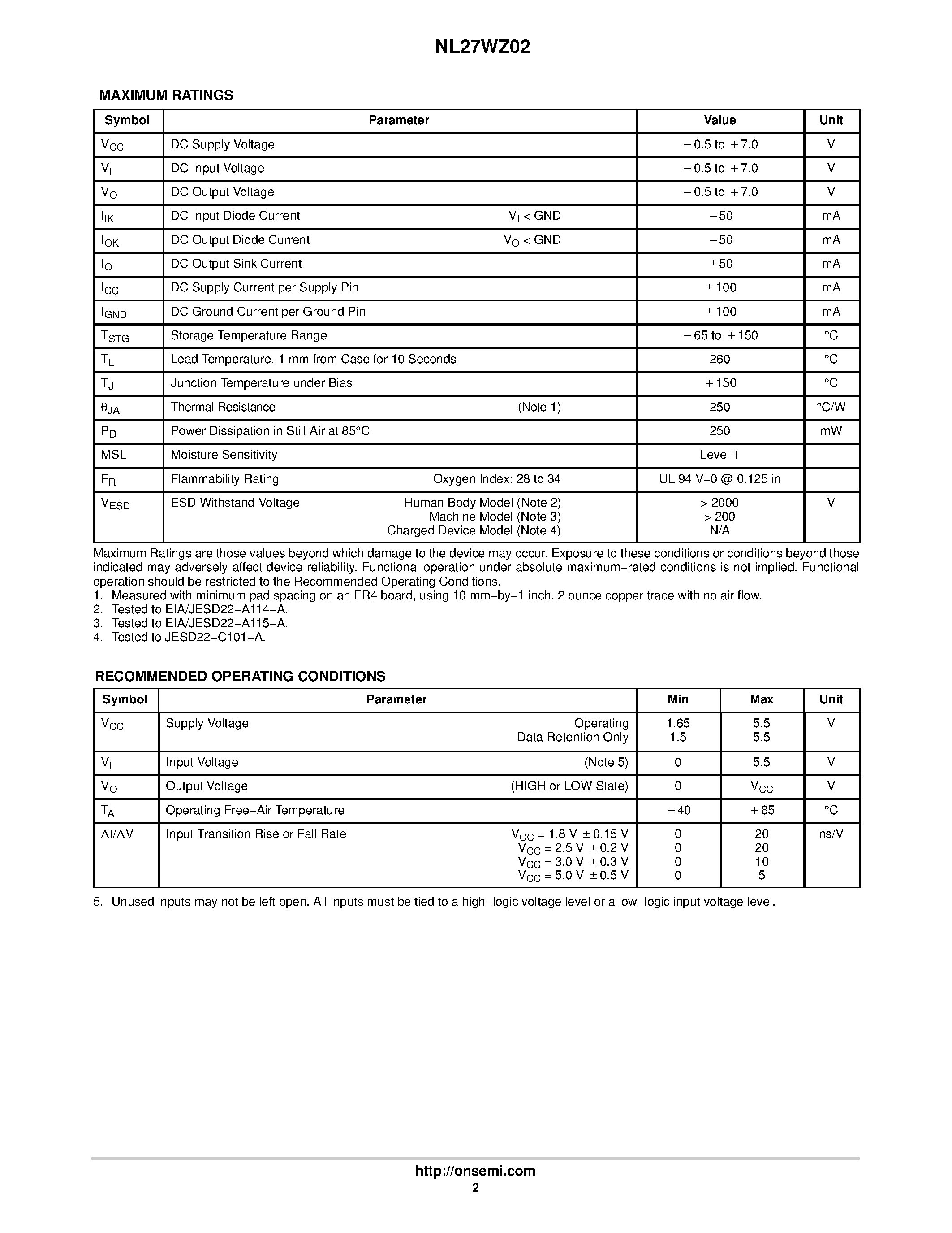 Datasheet NL27WZ02 - Dual 2-Input NOR Gate page 2