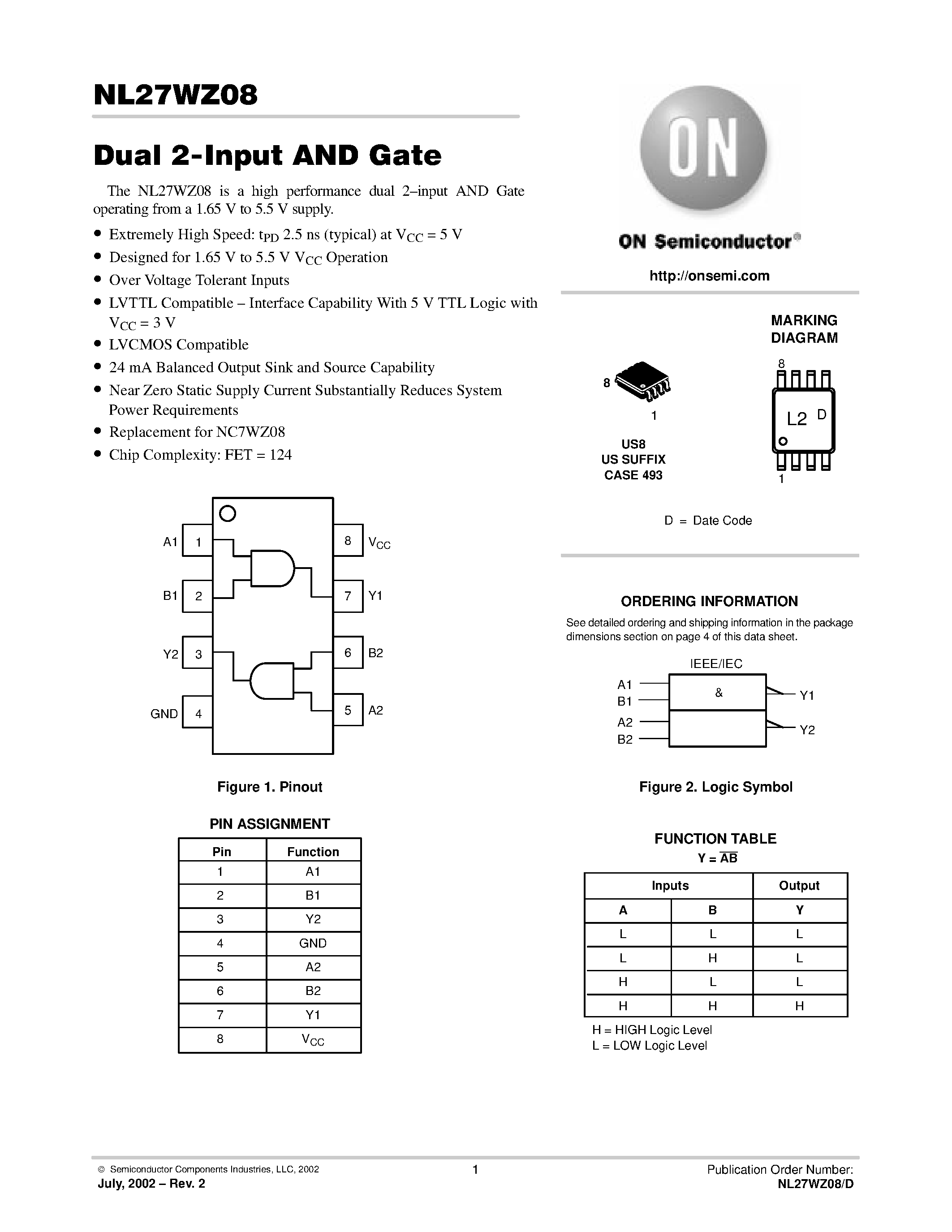 Datasheet NL27WZ08 - Dual 2-Input AND Gate page 1
