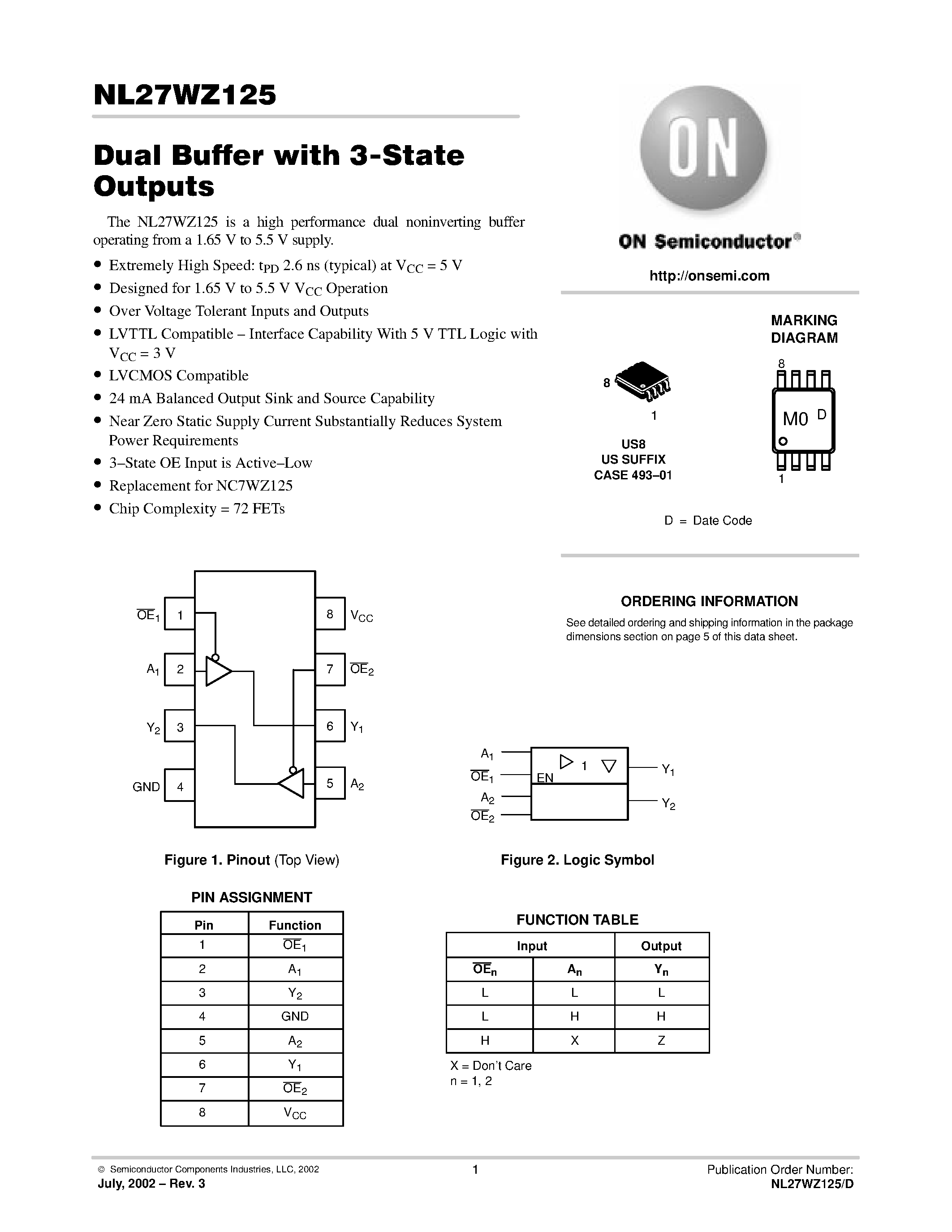 Datasheet NL27WZ125 - Dual Buffer with 3-State Outputs page 1