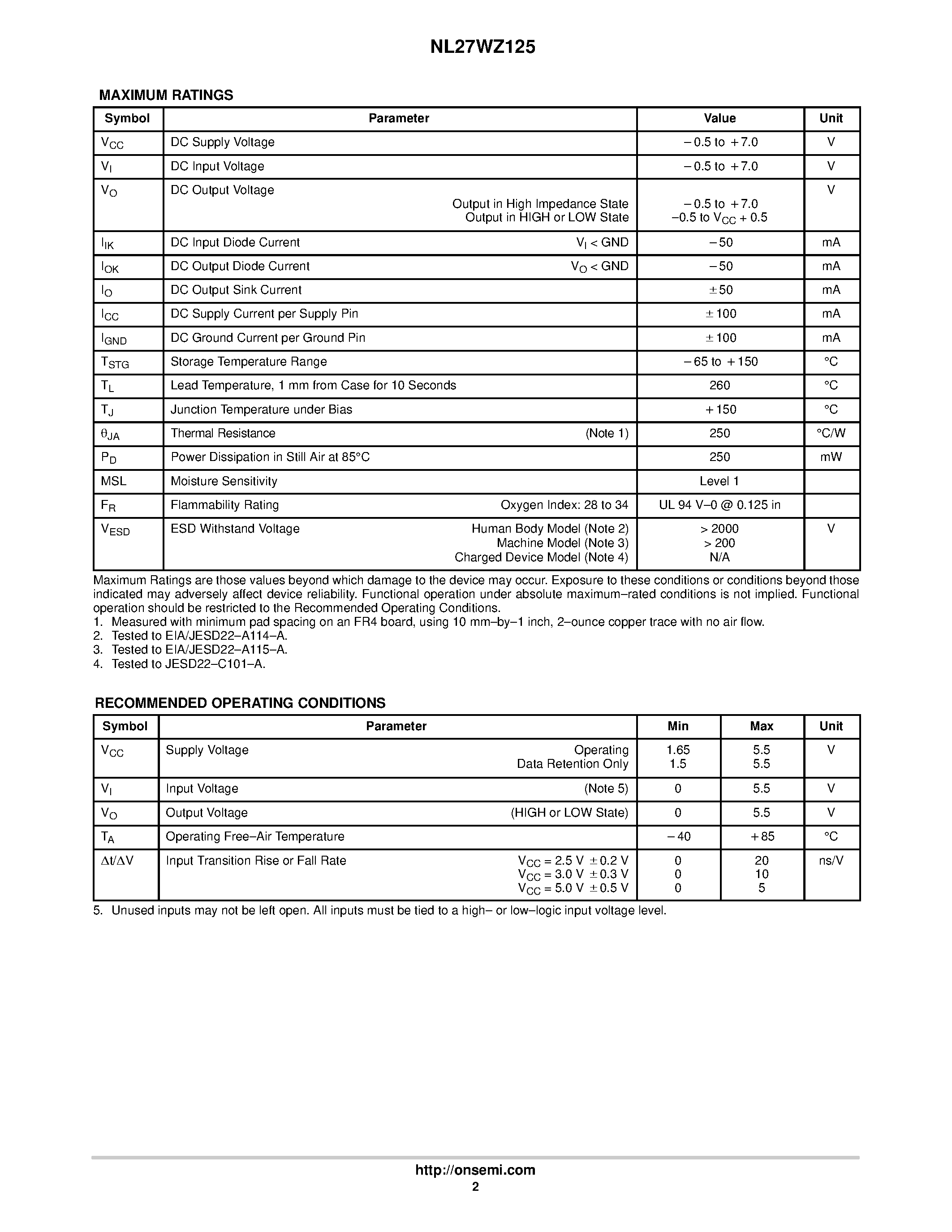 Datasheet NL27WZ125 - Dual Buffer with 3-State Outputs page 2
