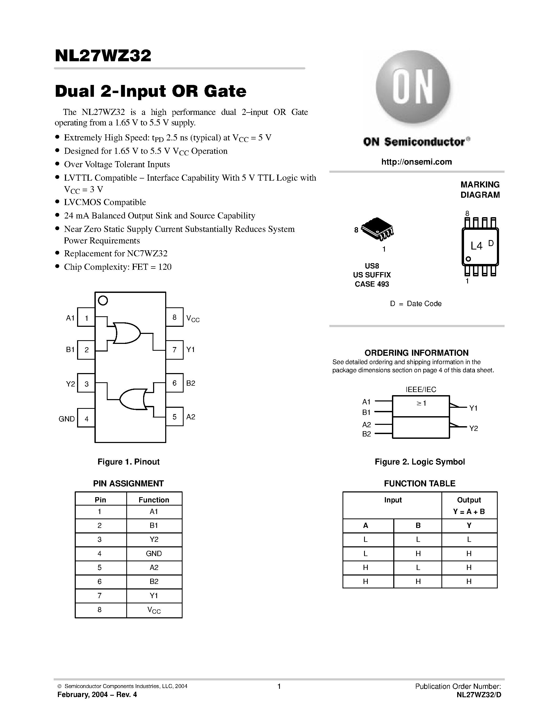 Datasheet NL27WZ32 - Dual 2-Input OR Gate page 1