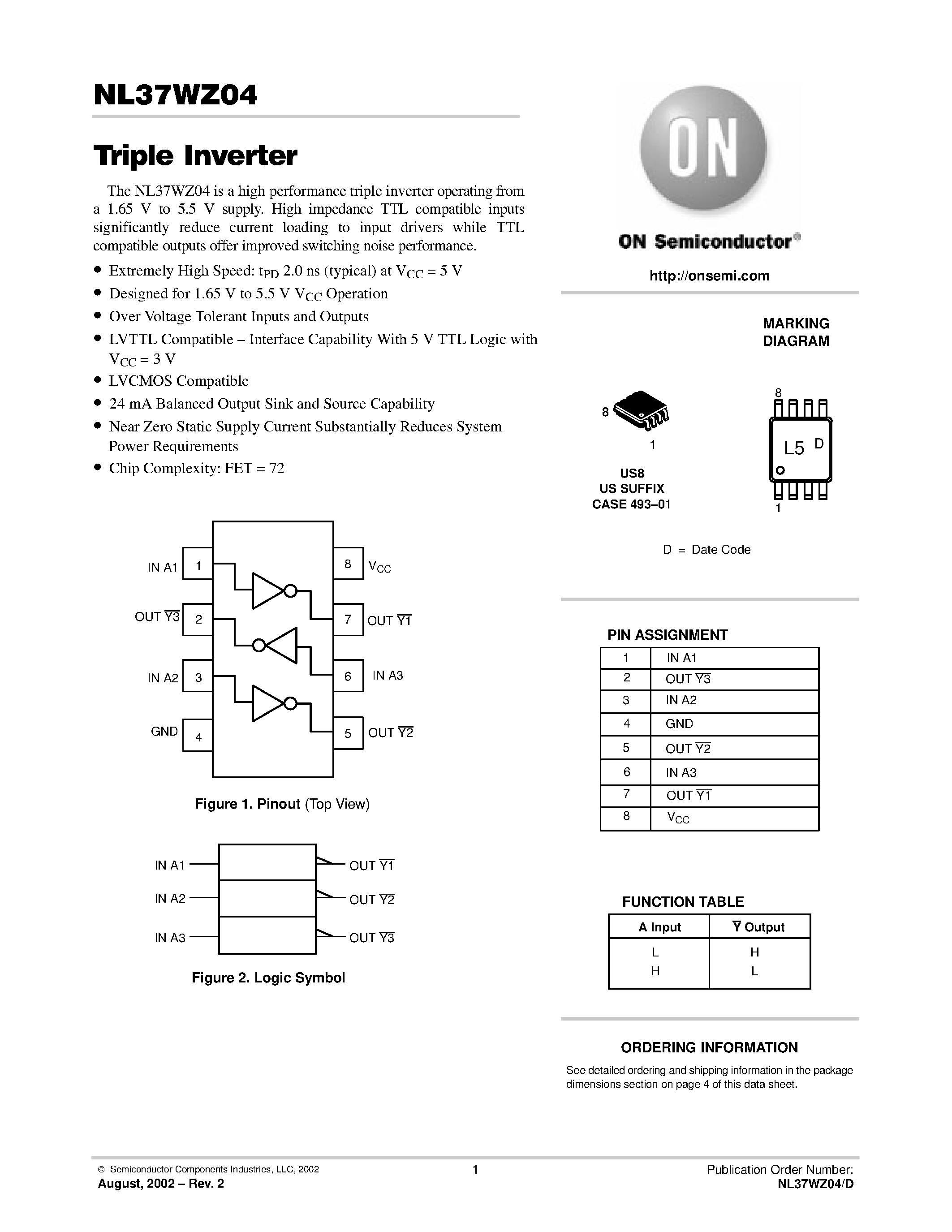 Datasheet NL37WZ04/D page 1 Datasheet NL37WZ04/D - Triple Inverter page 1