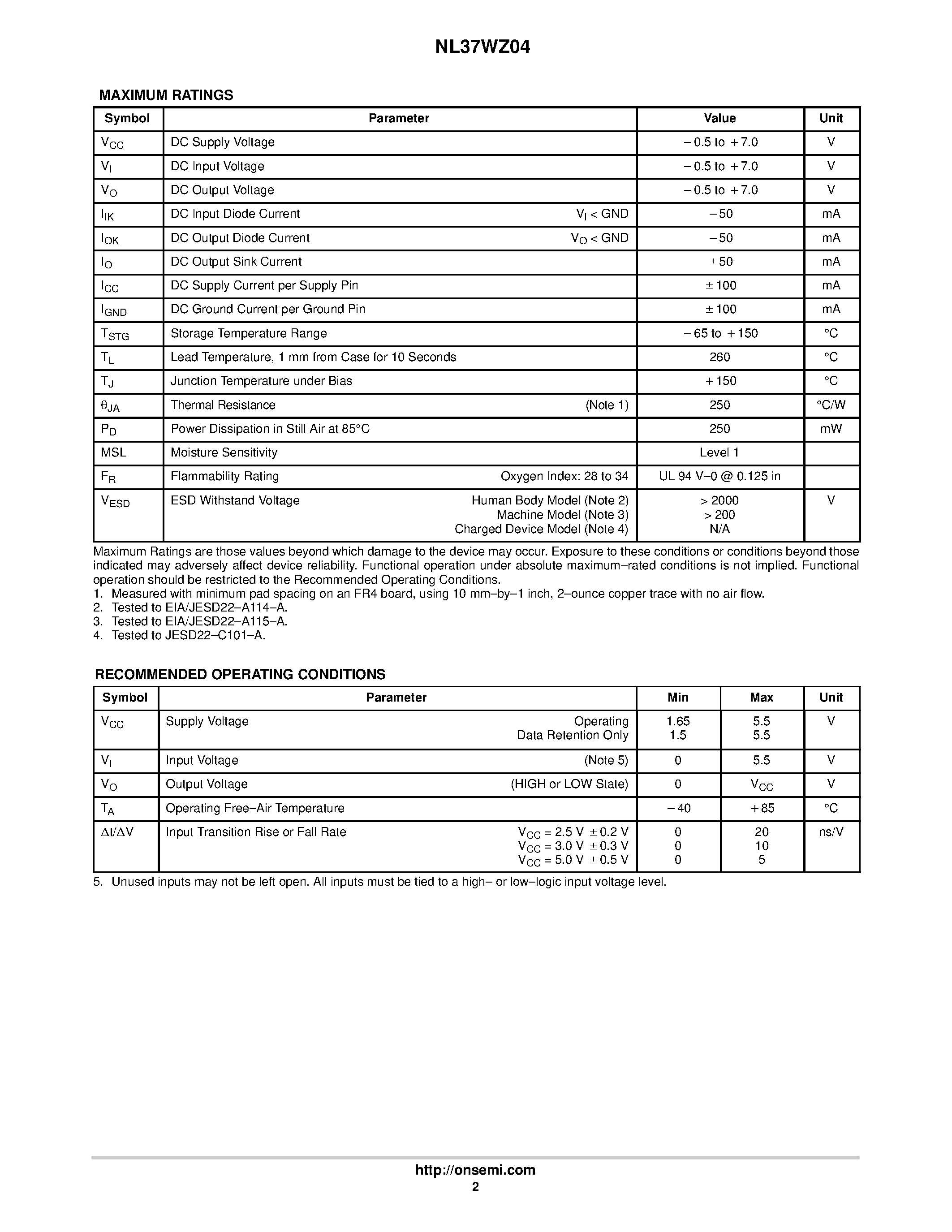 Datasheet NL37WZ04/D page 2 Datasheet NL37WZ04/D - Triple Inverter page 2