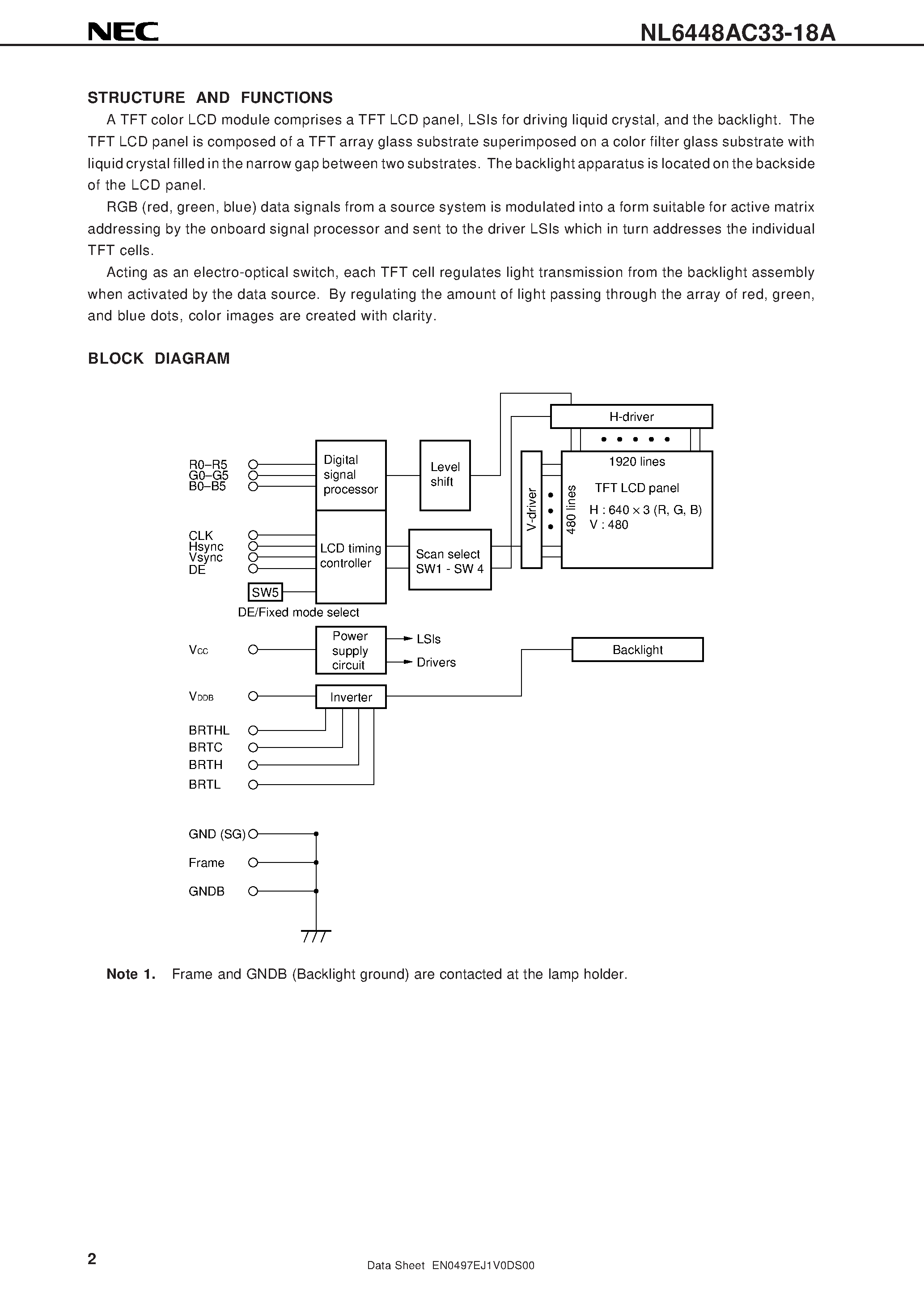Datasheet NL6448AC33-18 - 26 cm 10.4 inches / 640 x 480 pixels / 262144 colors / Luminance adjustable / Non anti-glare panel page 2