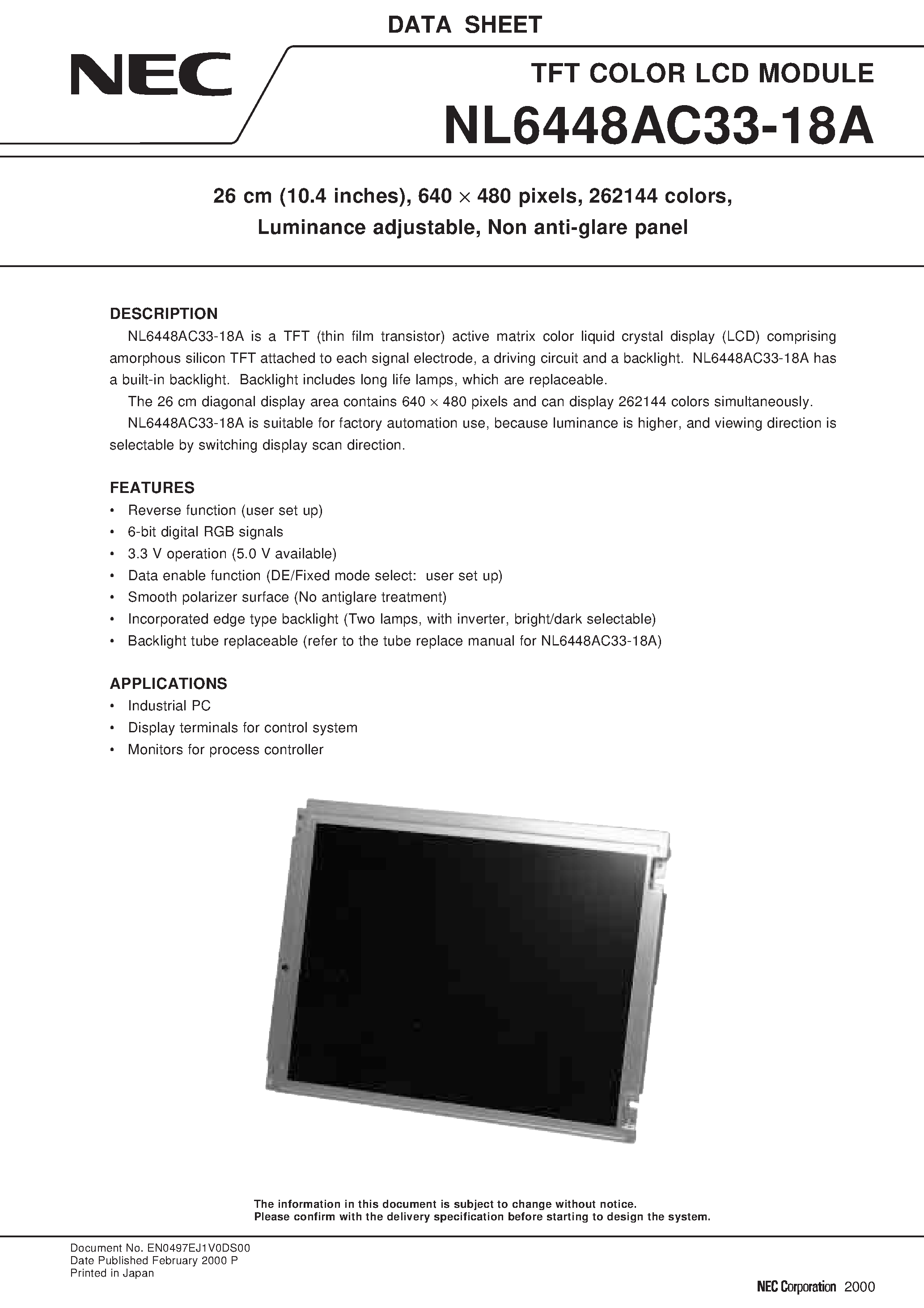 Datasheet NL6448AC33-18A - 26 cm 10.4 inches / 640 x 480 pixels / 262144 colors / Luminance adjustable / Non anti-glare panel page 1