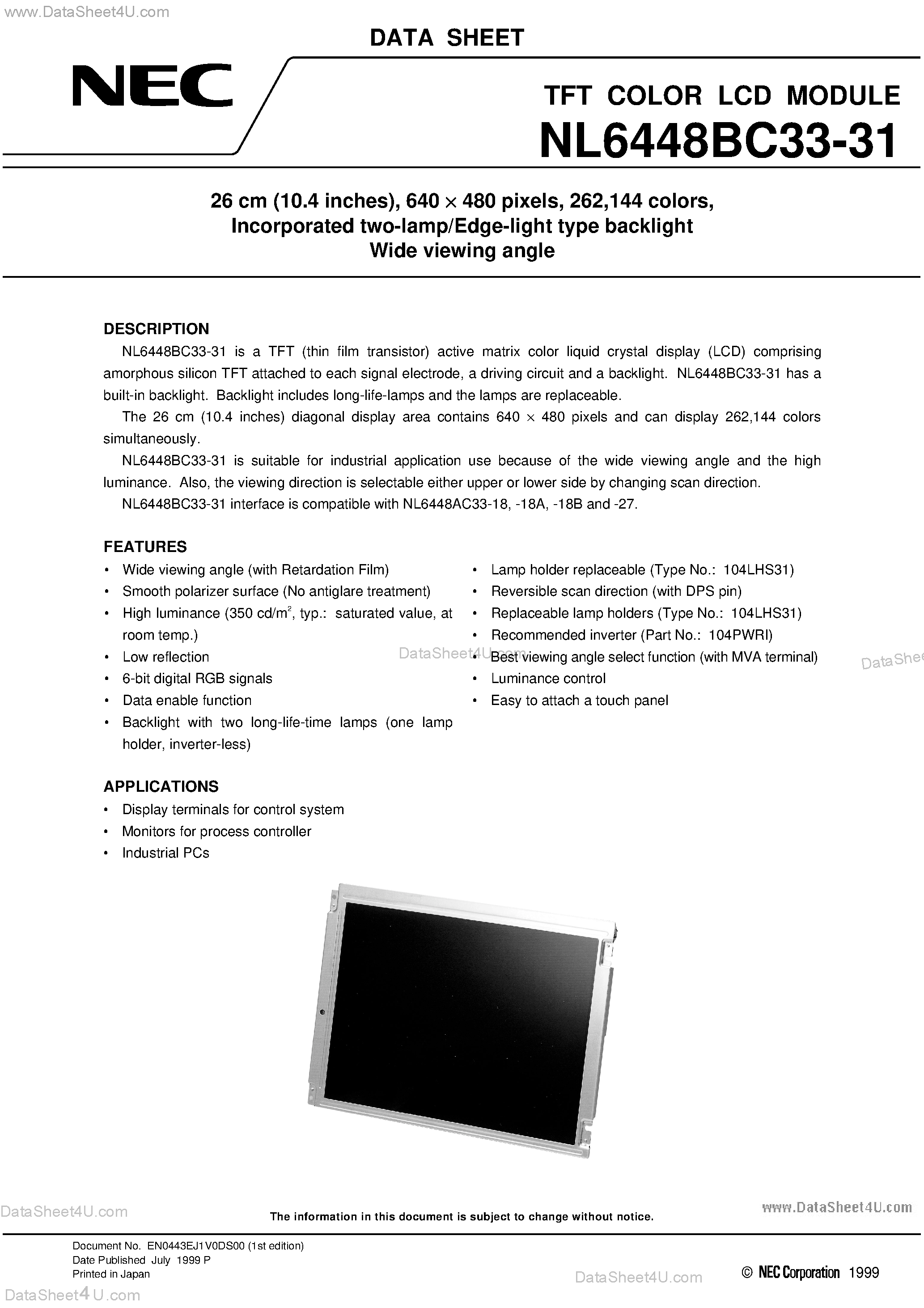 Datasheet NL6448BC33-31 - 26 cm 10.4 inches / 640 x 480 pixels / 262 /144 colors / Incorporated two-lamp/Edge-light type backlight Wide viewing angle page 1