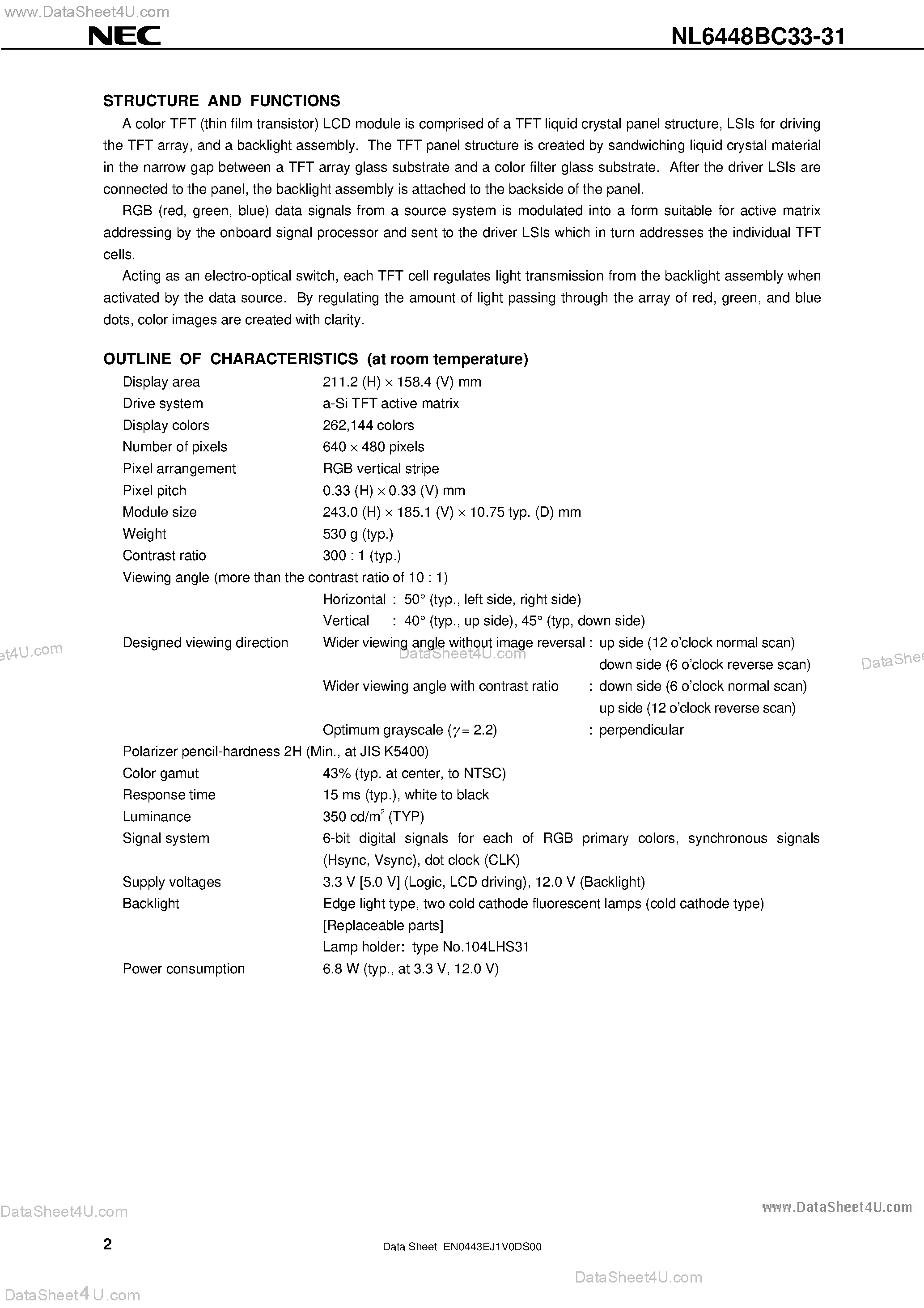 Datasheet NL6448BC33-31 - 26 cm 10.4 inches / 640 x 480 pixels / 262 /144 colors / Incorporated two-lamp/Edge-light type backlight Wide viewing angle page 2