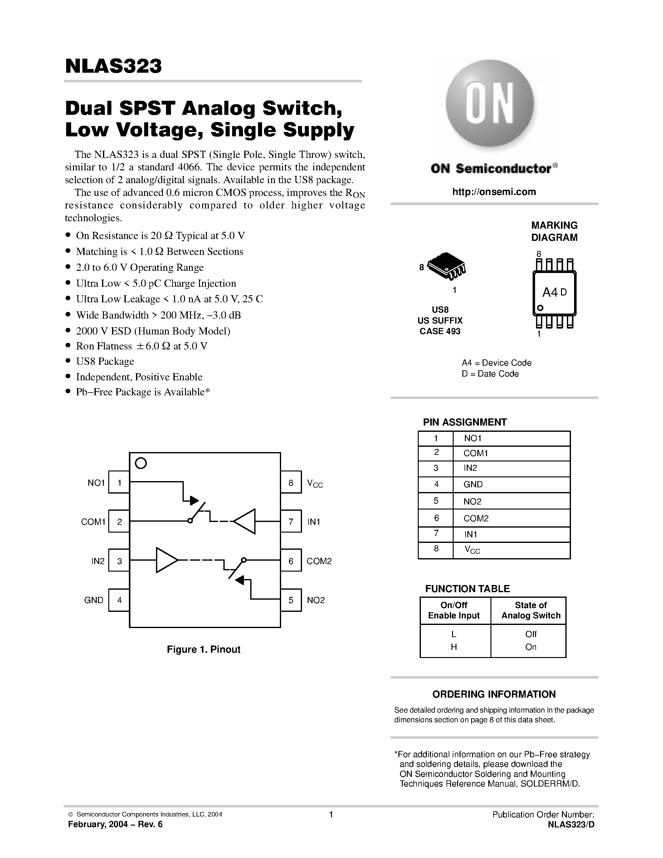 Datasheet NLAS323 - Dual SPST Analog Switch / Low Voltage / Single Supply page 1
