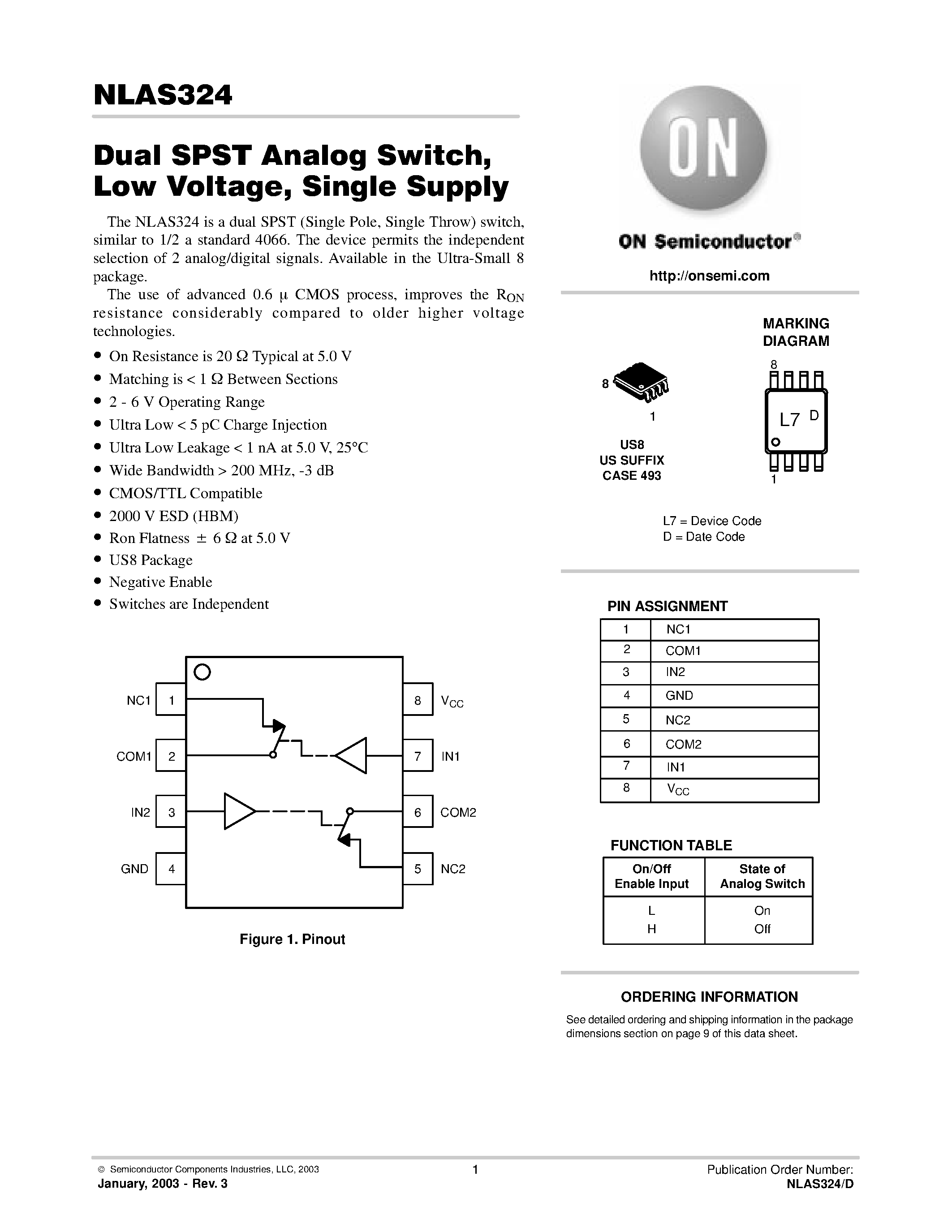 Datasheet NLAS324 page 1 Datasheet NLAS324 - Dual SPST Analog Switch / Low Voltage / Single Supply page 1