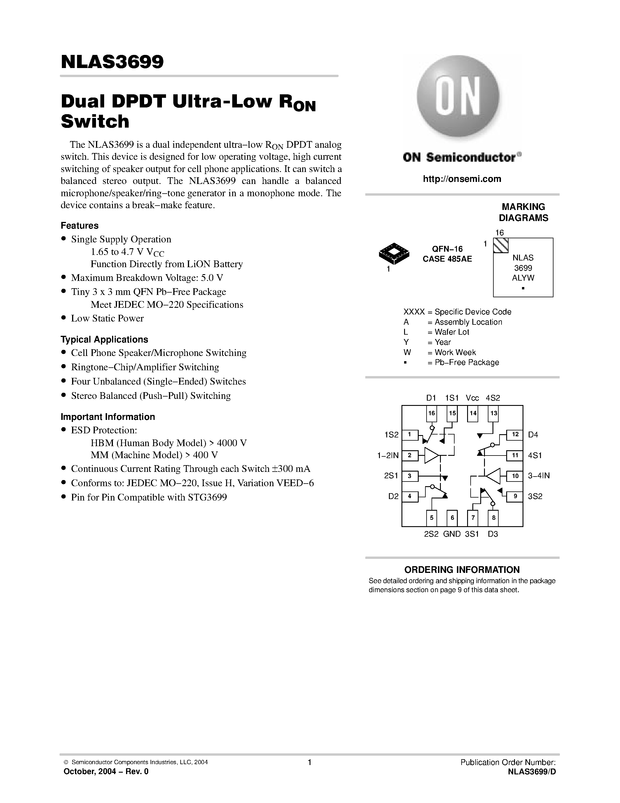 Datasheet NLAS3699 page 1 Datasheet NLAS3699 - Dual DPDT Ultra-Low RON Switch page 1