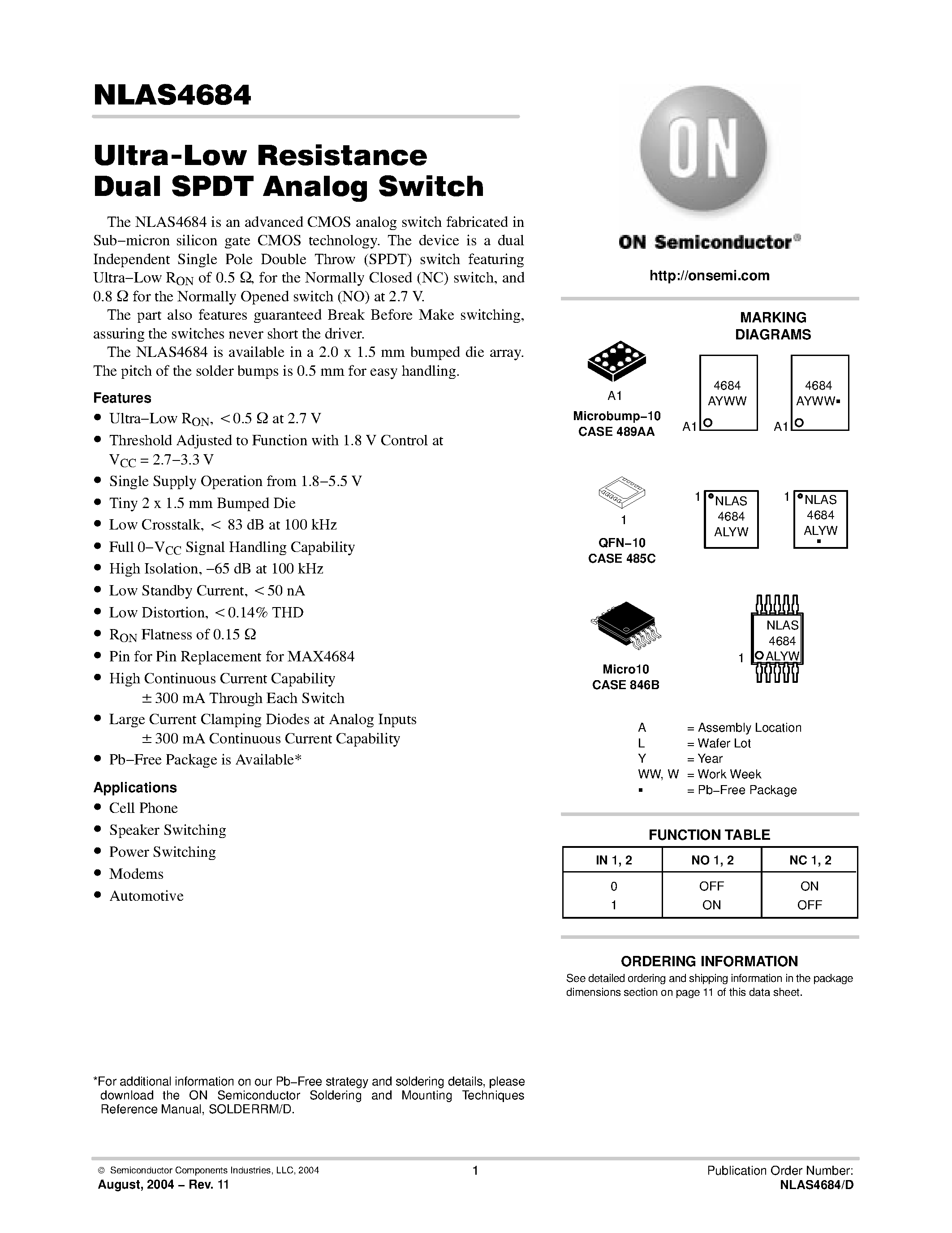 Datasheet NLAS4684 - Ultra-Low Resistance Dual SPDT Analog Switch page 1