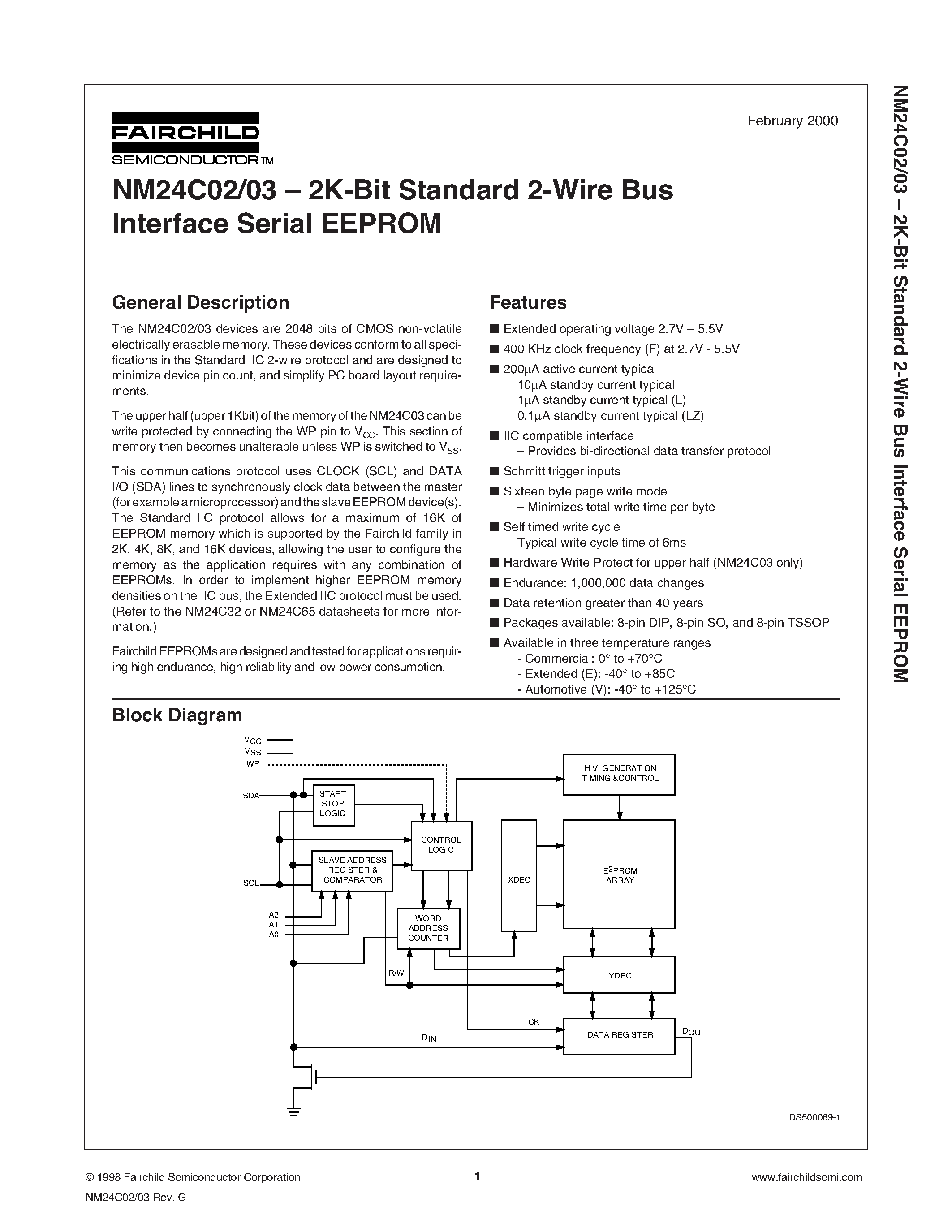 Datasheet NM24C02 - 2K-Bit Standard 2-Wire Bus page 1